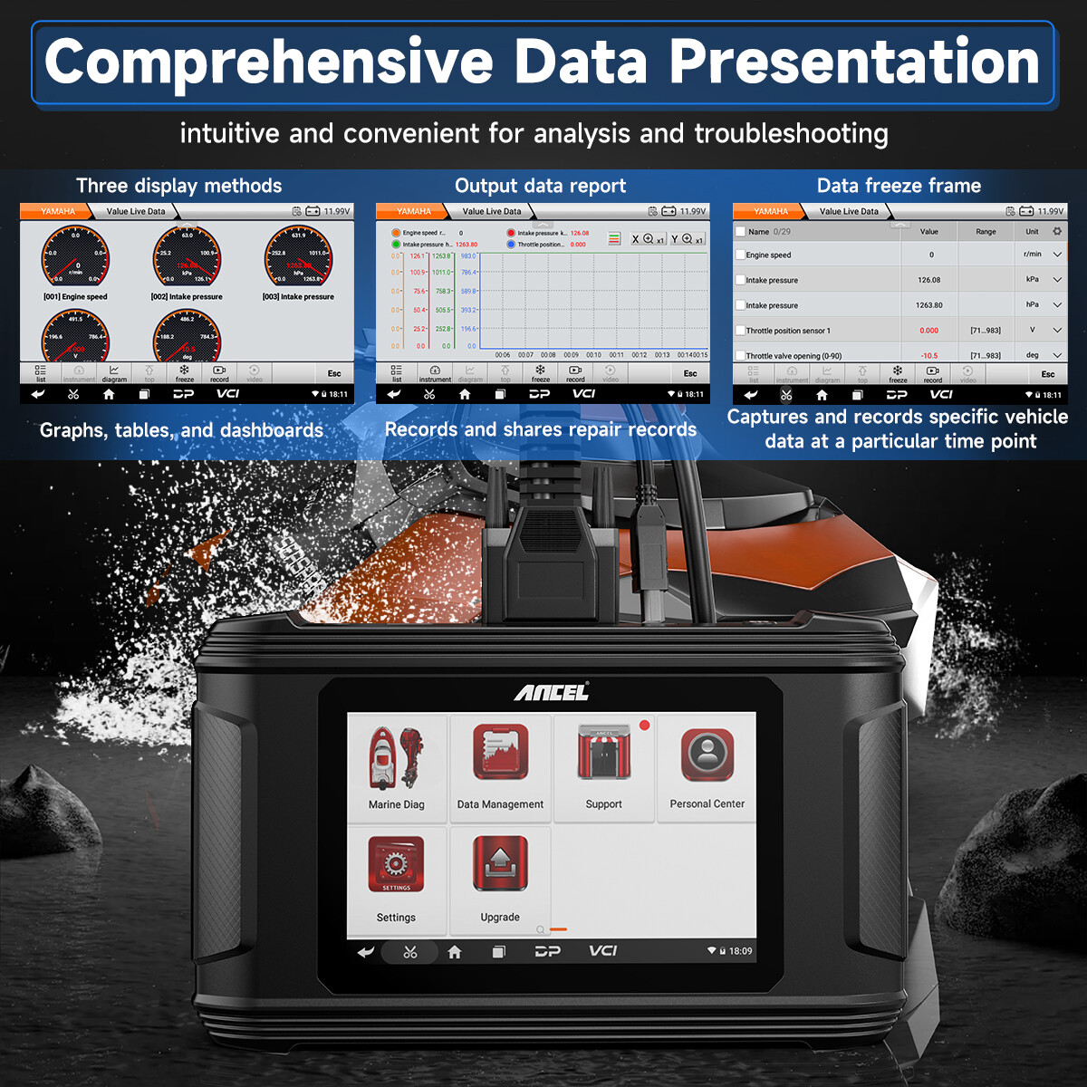 ANCEL MR500 For Yamaha Marine Diagnostic Tool Hours Live Data Fault Code Erase