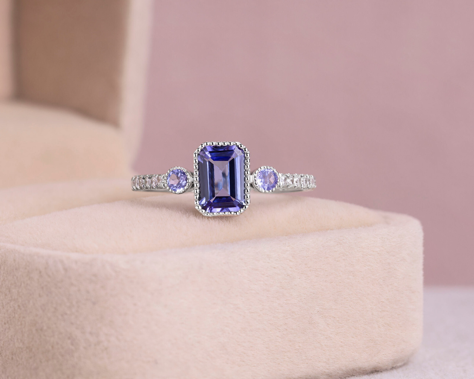 1.24 Ct Tanzanite & Natural Diamond Bezel Ring 14K Solid White Gold