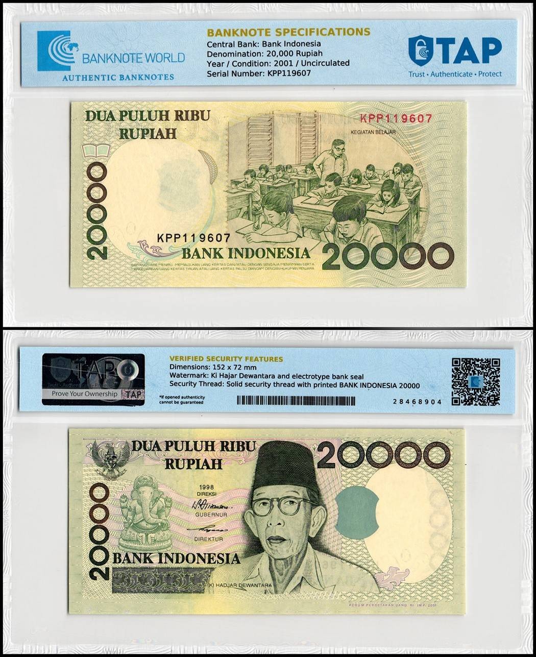 Indonesia 20000 Rupiah, 2001, P-138d, UNC, TAP Authenticated