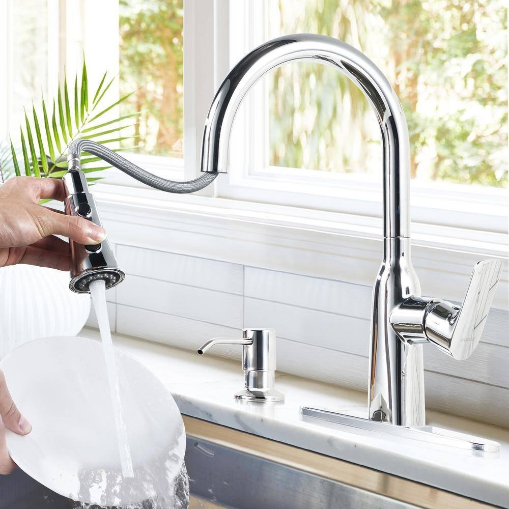 Single Handle Pull Down Sprayer Kitchen Faucet with Soap Dispenser, Advanced Spr