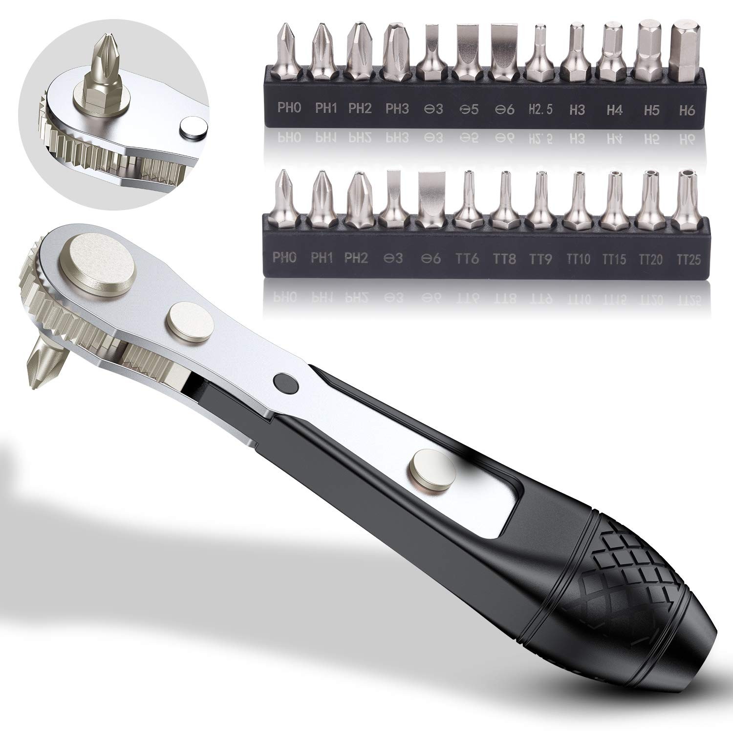 GreaTalent 25in1 S2 Steel Mini Ratchet Wrench Screwdriver Bit Set with 1/4" H...