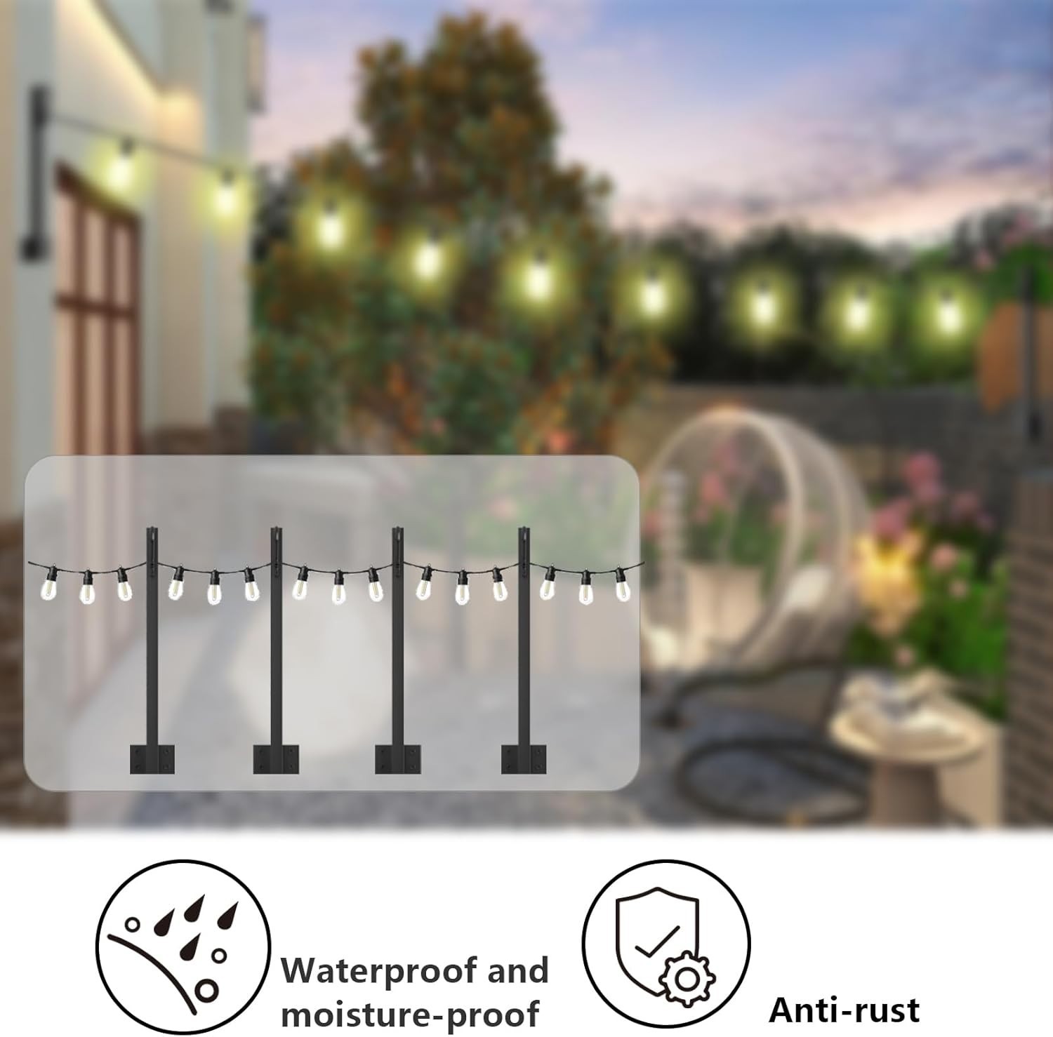 4 Pack String Light Poles,Hanging Light Poles for Outdoor String Lights, Meta...