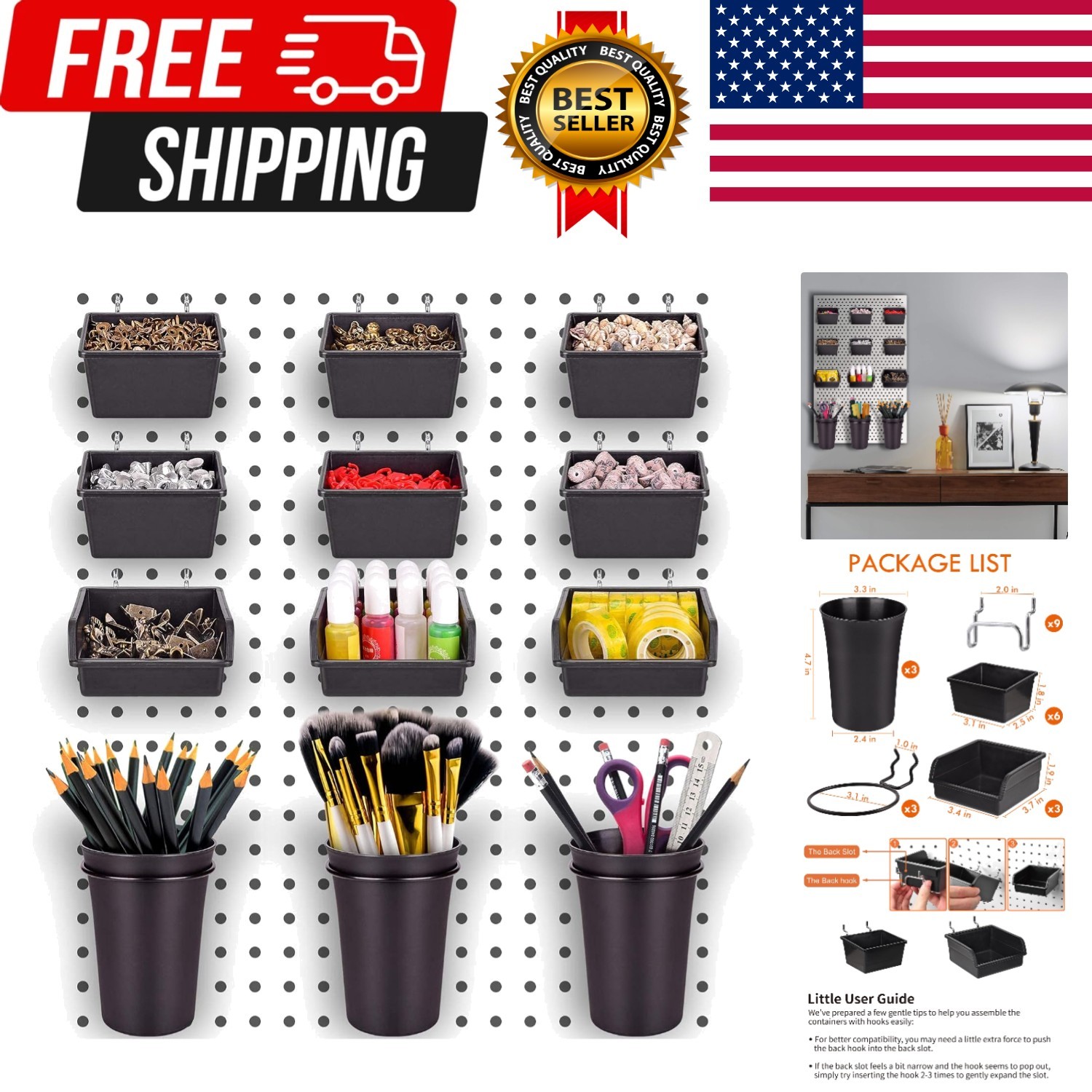 12 Pack Pegboard Bins PegBoard Cups with Hooks & Loops, Peg Board Hooks Assor...