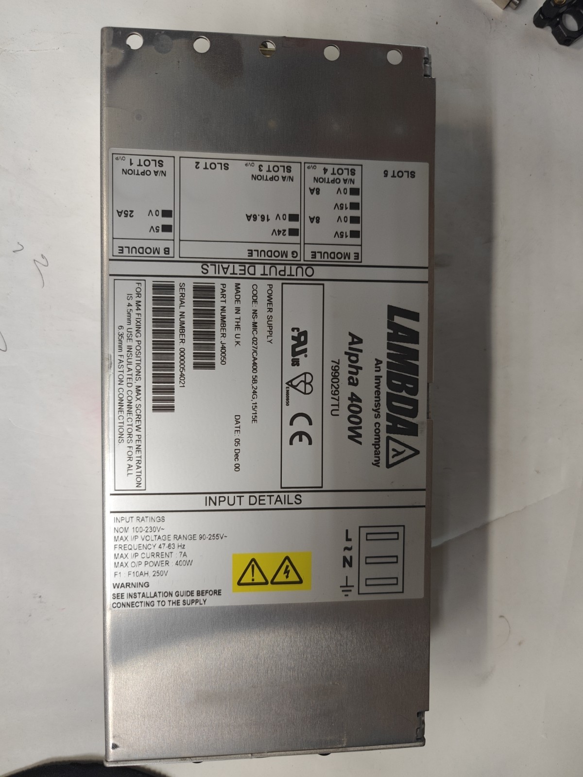 Coutant Lambda J40050 Alpha 400W Power Supply 7990297TU