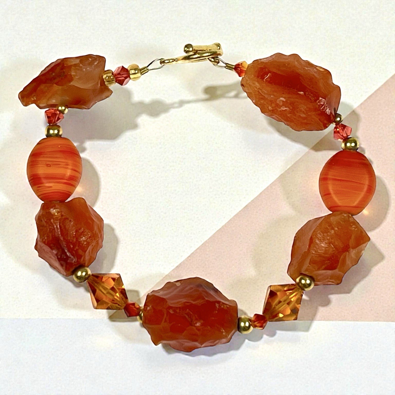 Handmade Carnelian Agate And Bead Bracelet 7”