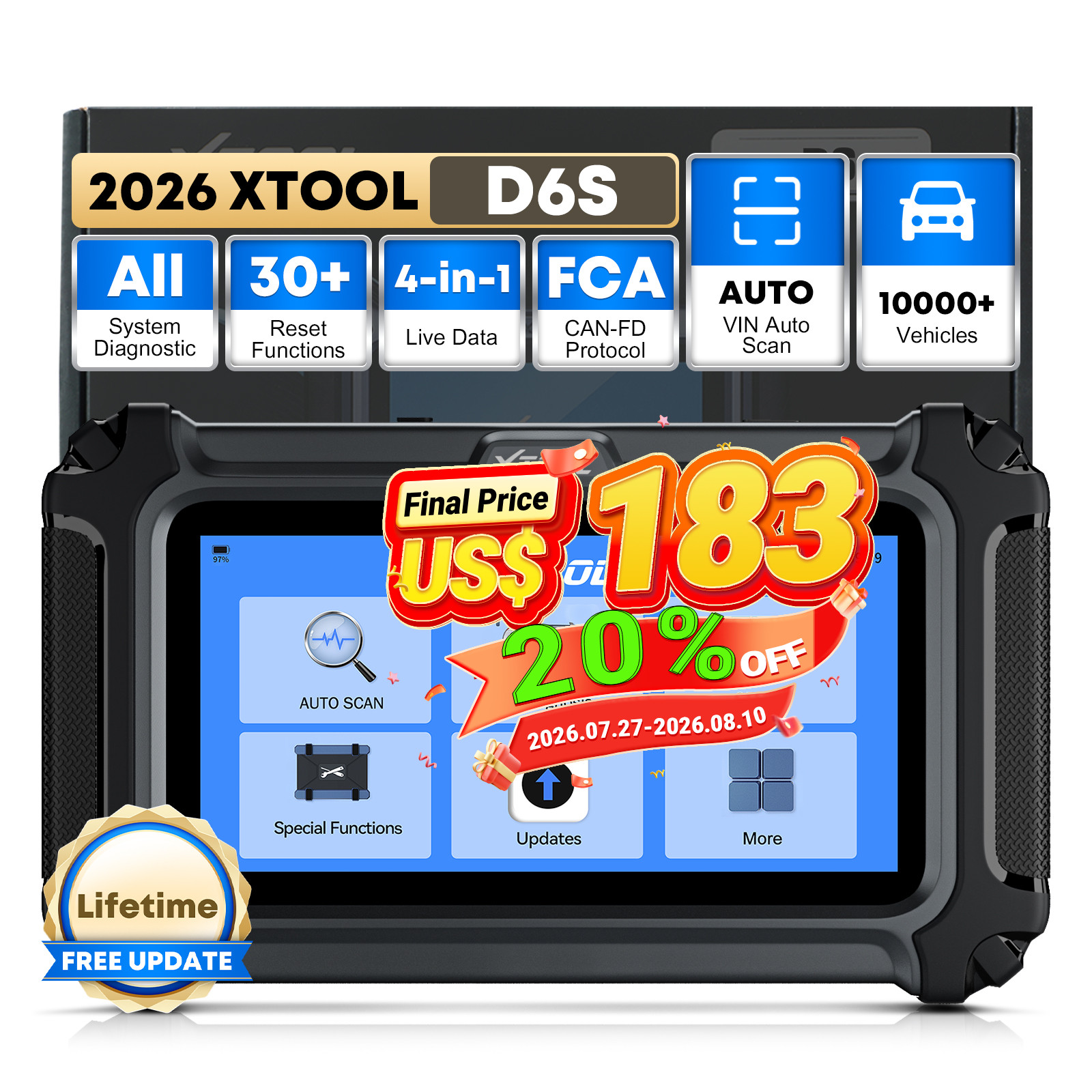 XTOOL D6S OBD2 Scanner Full System Diagnostic Code Reader Scan Tool 30+ Function