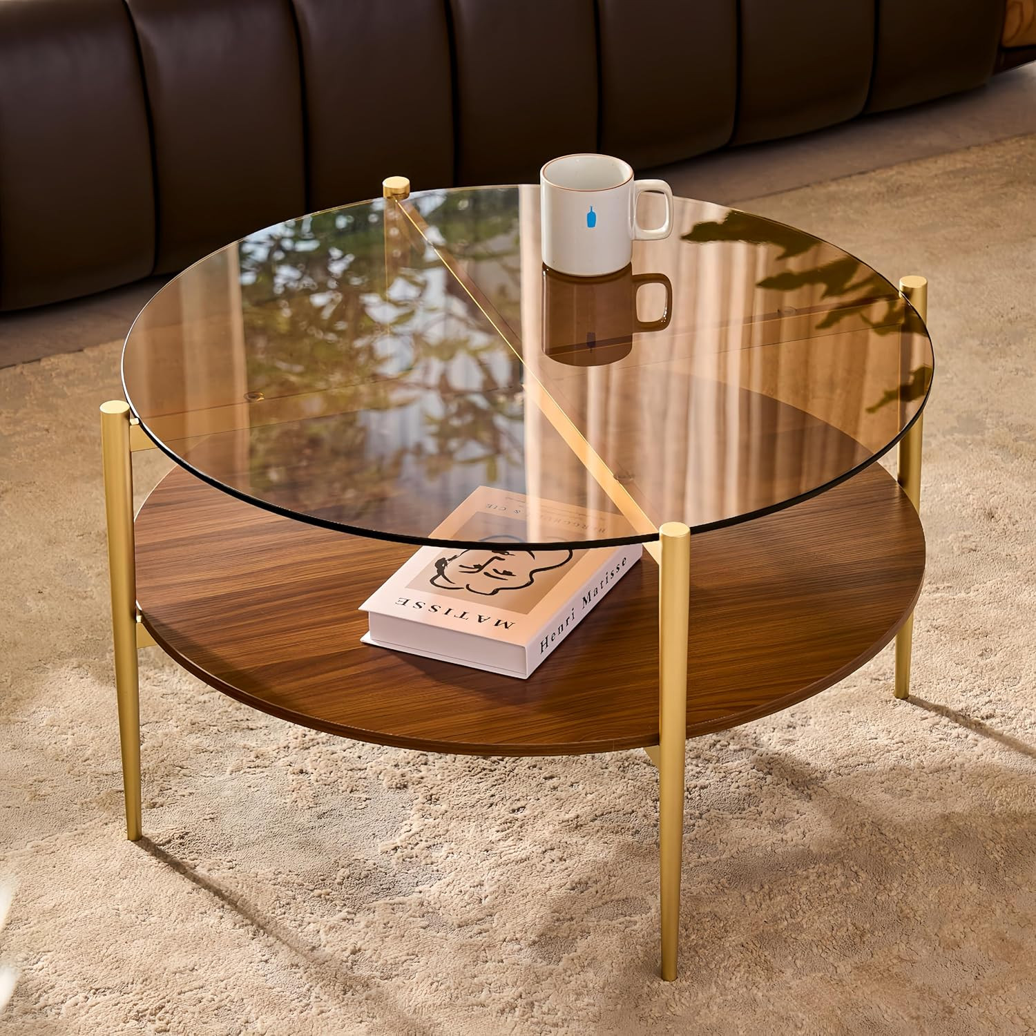 Mid-Century Modern Round Glass Coffee Table with Walnut Shelf & Gold Legs
