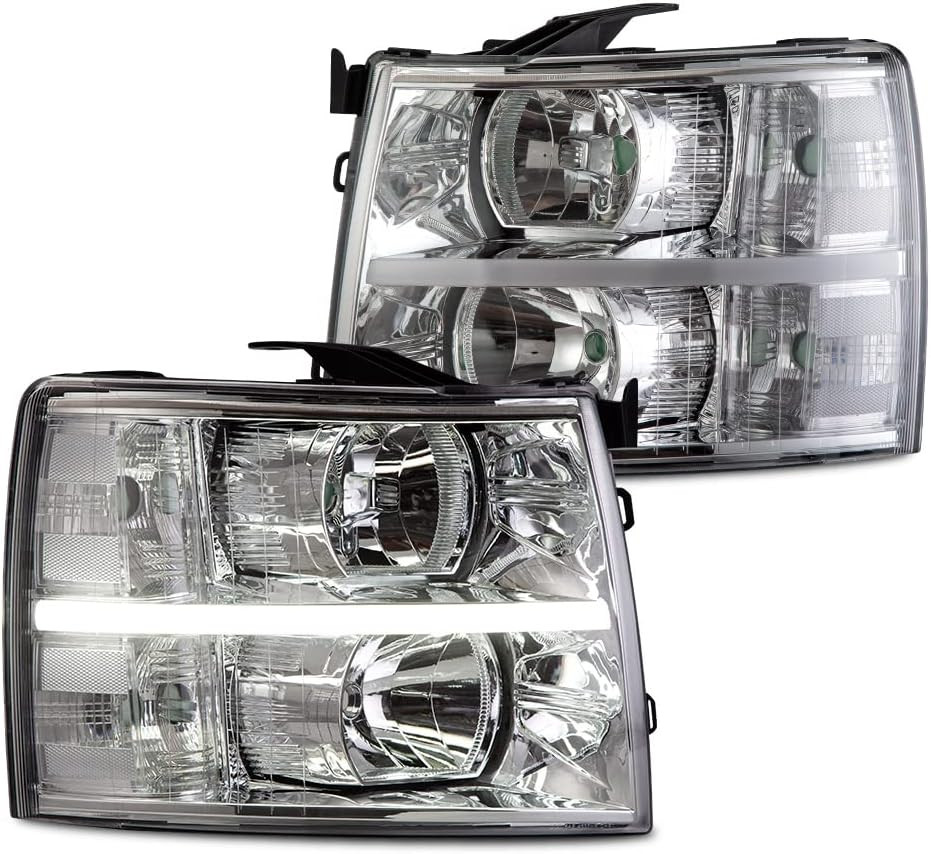 LED DRL Strip Headlights for 07-13 Chevy Silverado 1500 2500 3500 HD Chrome