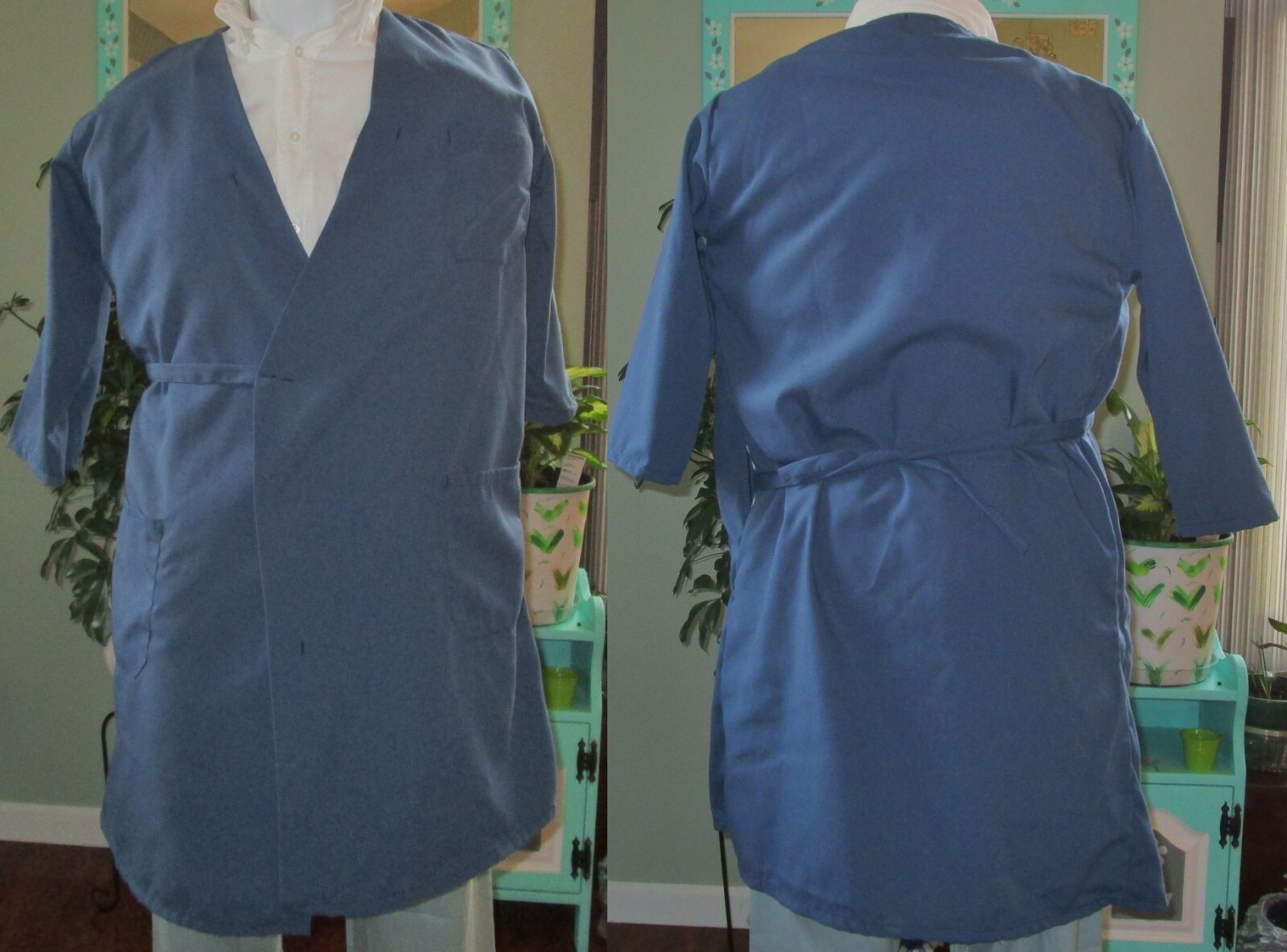 Wraparound Smock Gown 3 Pocket 3/4 Sleeve Medical Butcher 37" Length Size  5X