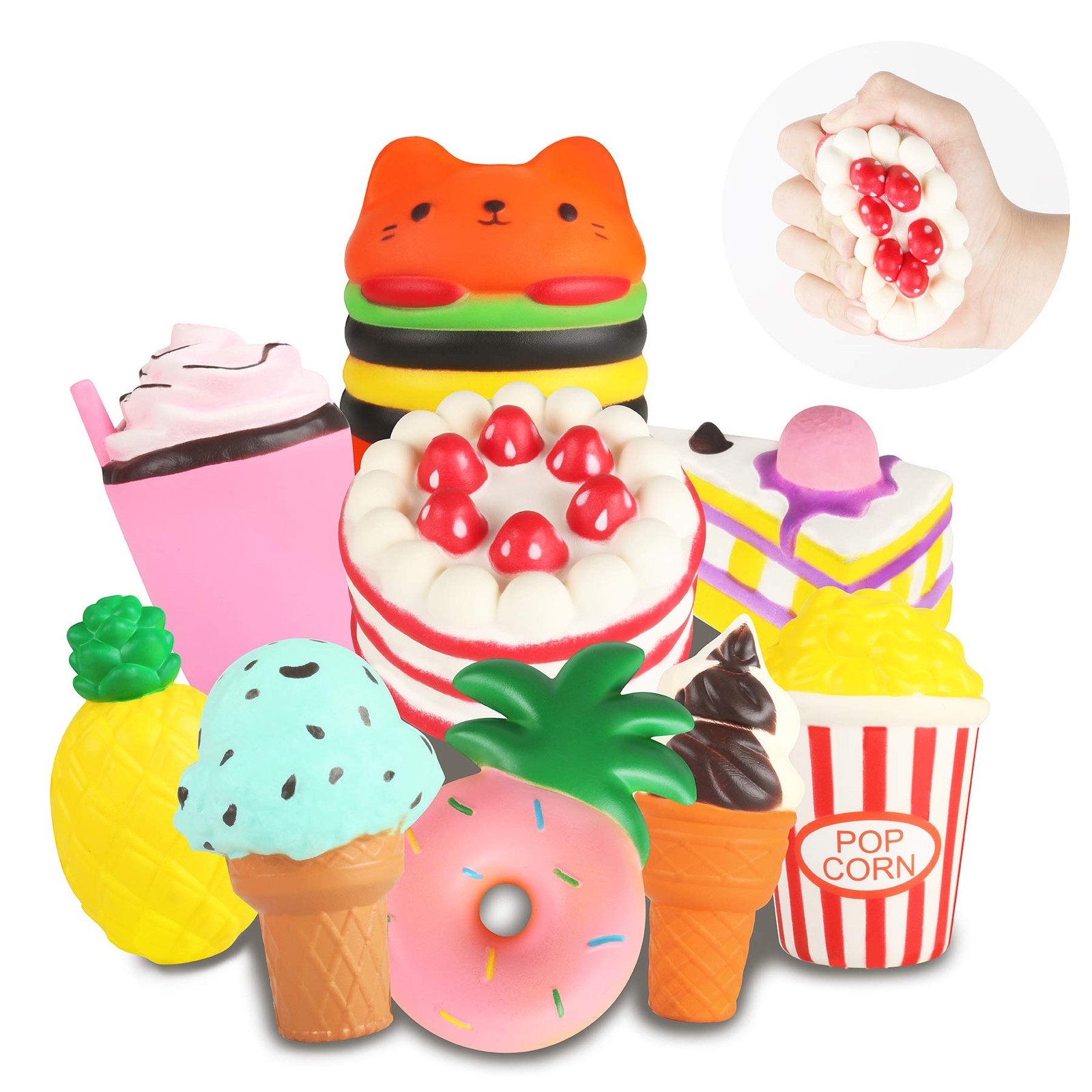 Paquete de 9 juguetes suaves Kawaii Squishy Hamburguesas, Pasteles, Helado