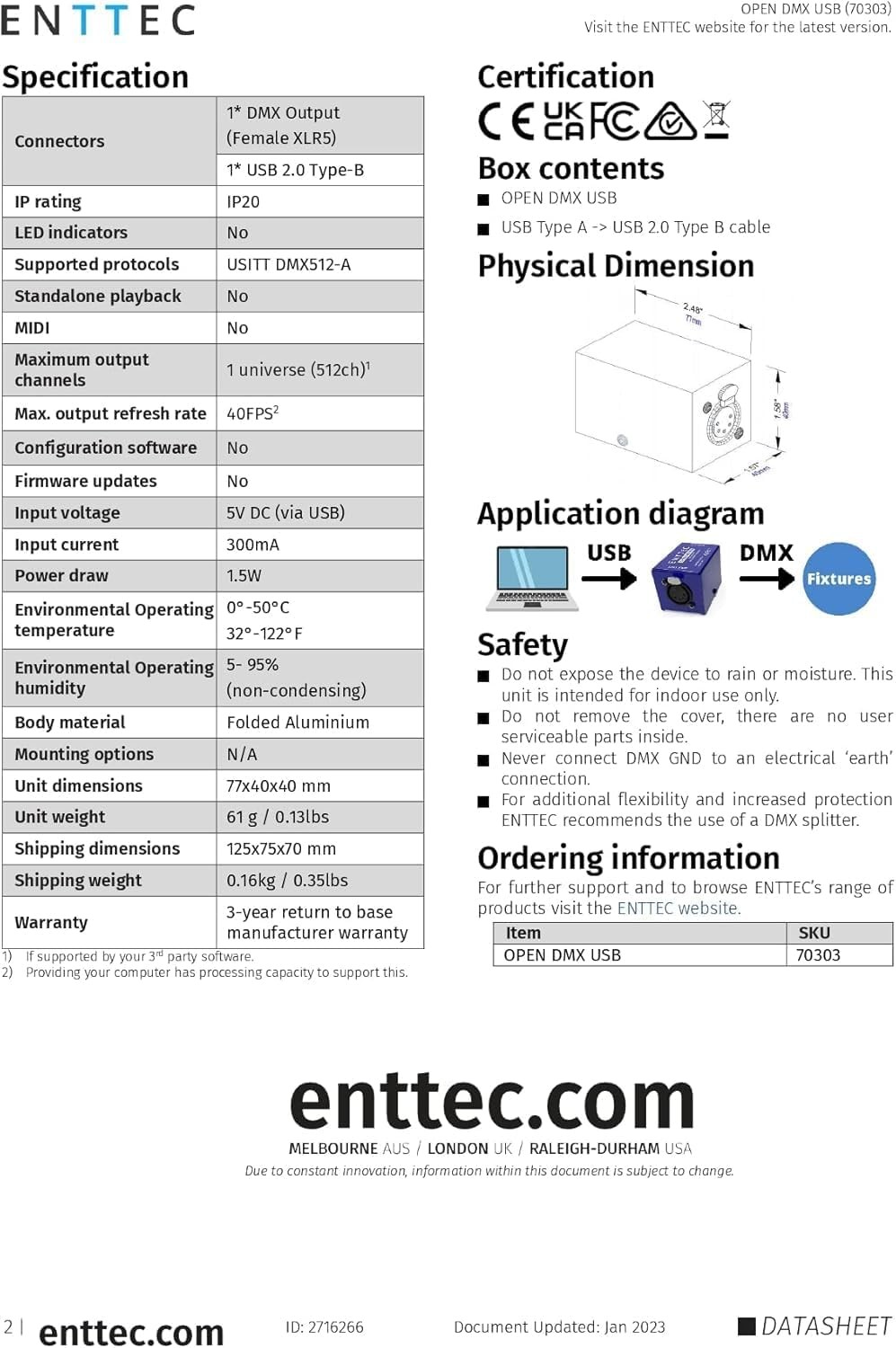 Enttec Open DMX USB 70303 Lighting Interface Controller Widget (Open Blue