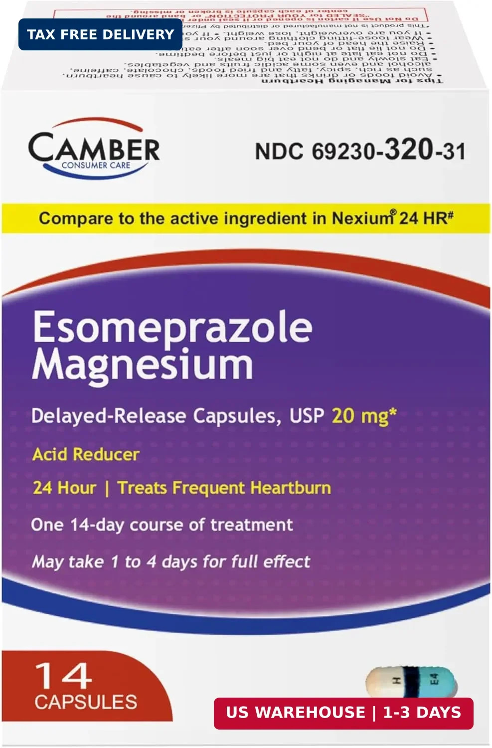Camber Esomeprazole Magnesium USP 20mg, Delayed Release Capsules, Treats Frequen