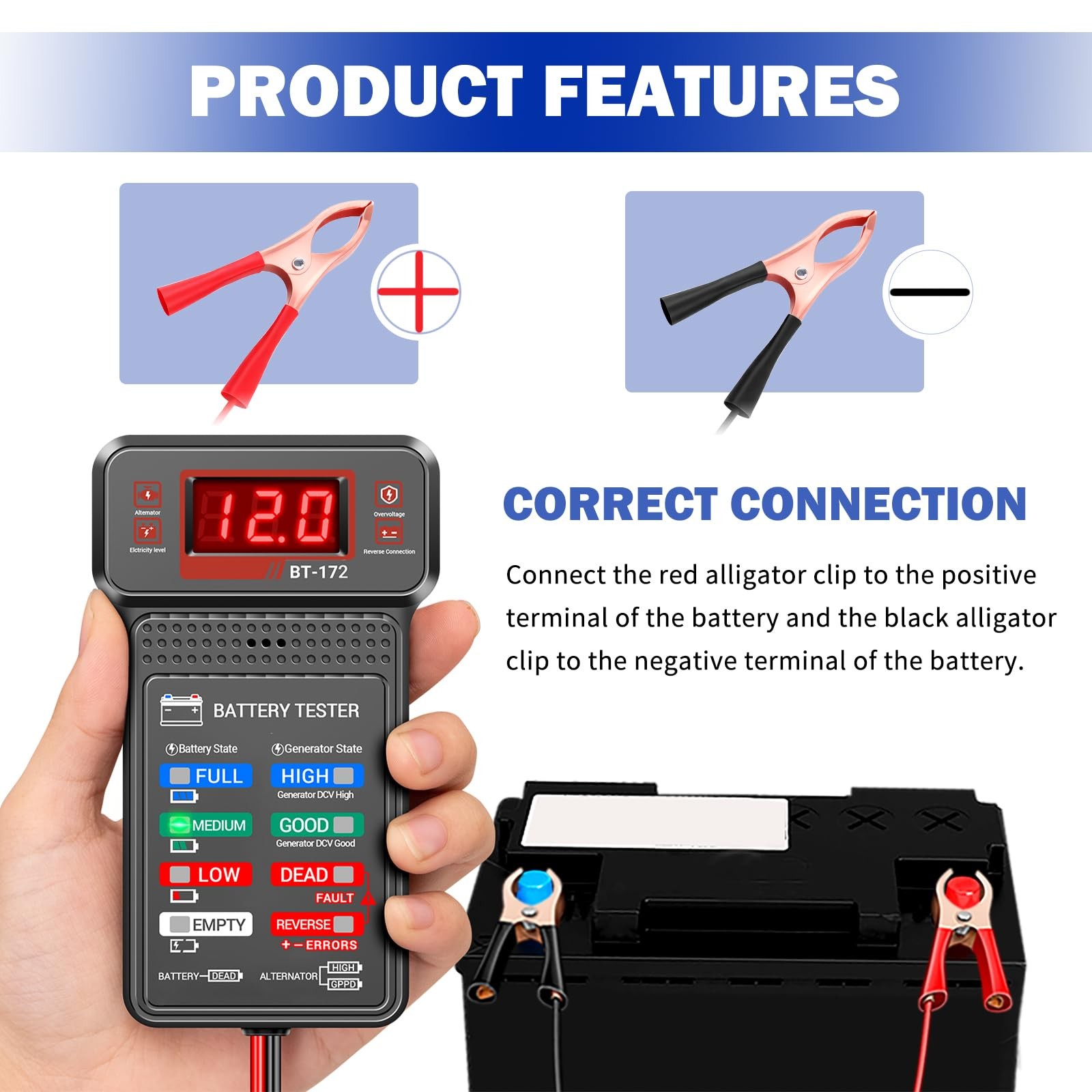 Car Battery Testers with LCD Display & LED Indicators,Battery Load Black