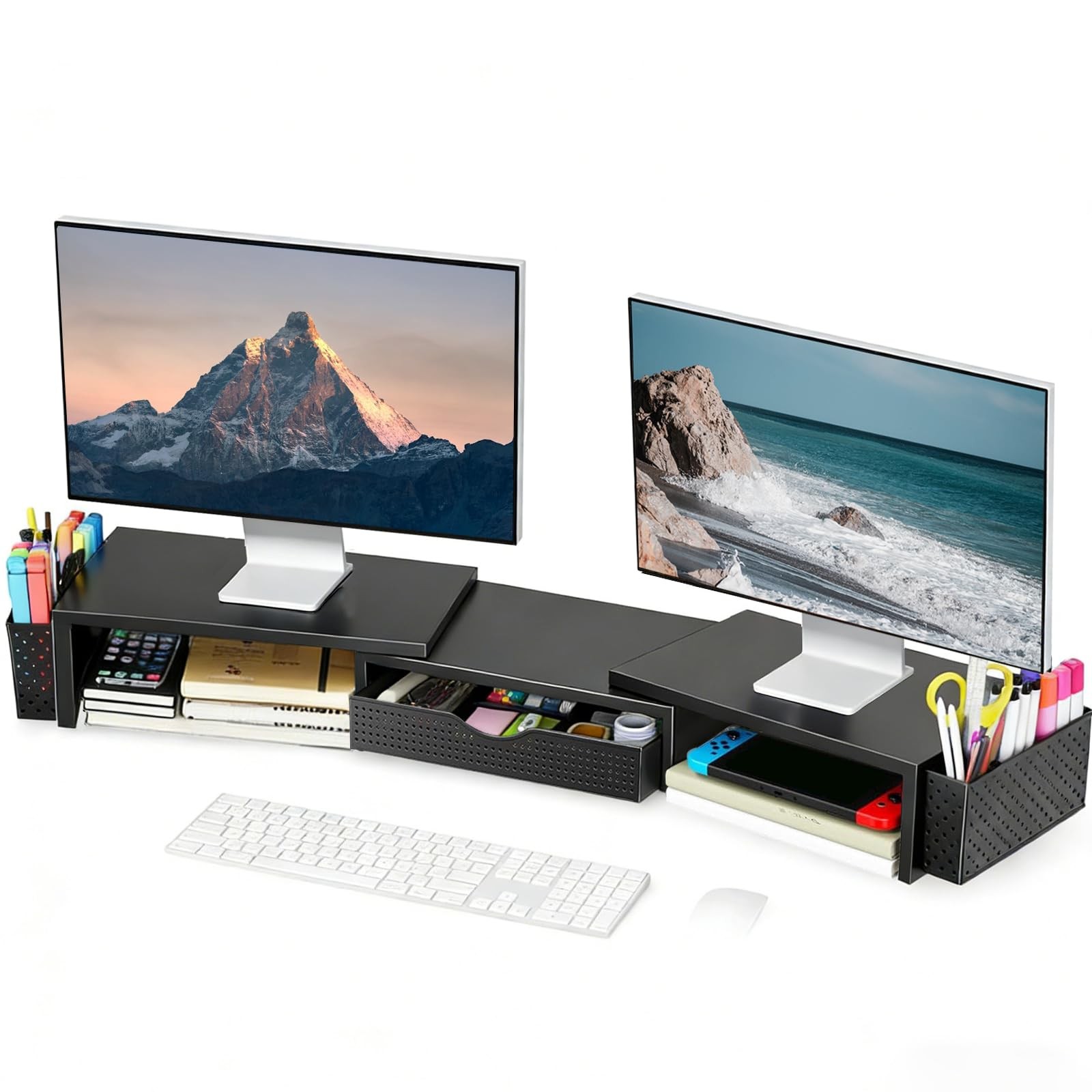 Metal Desk Organizers and , Dual Monitor Stand Riser with Drawer and 2 Pen Ho...