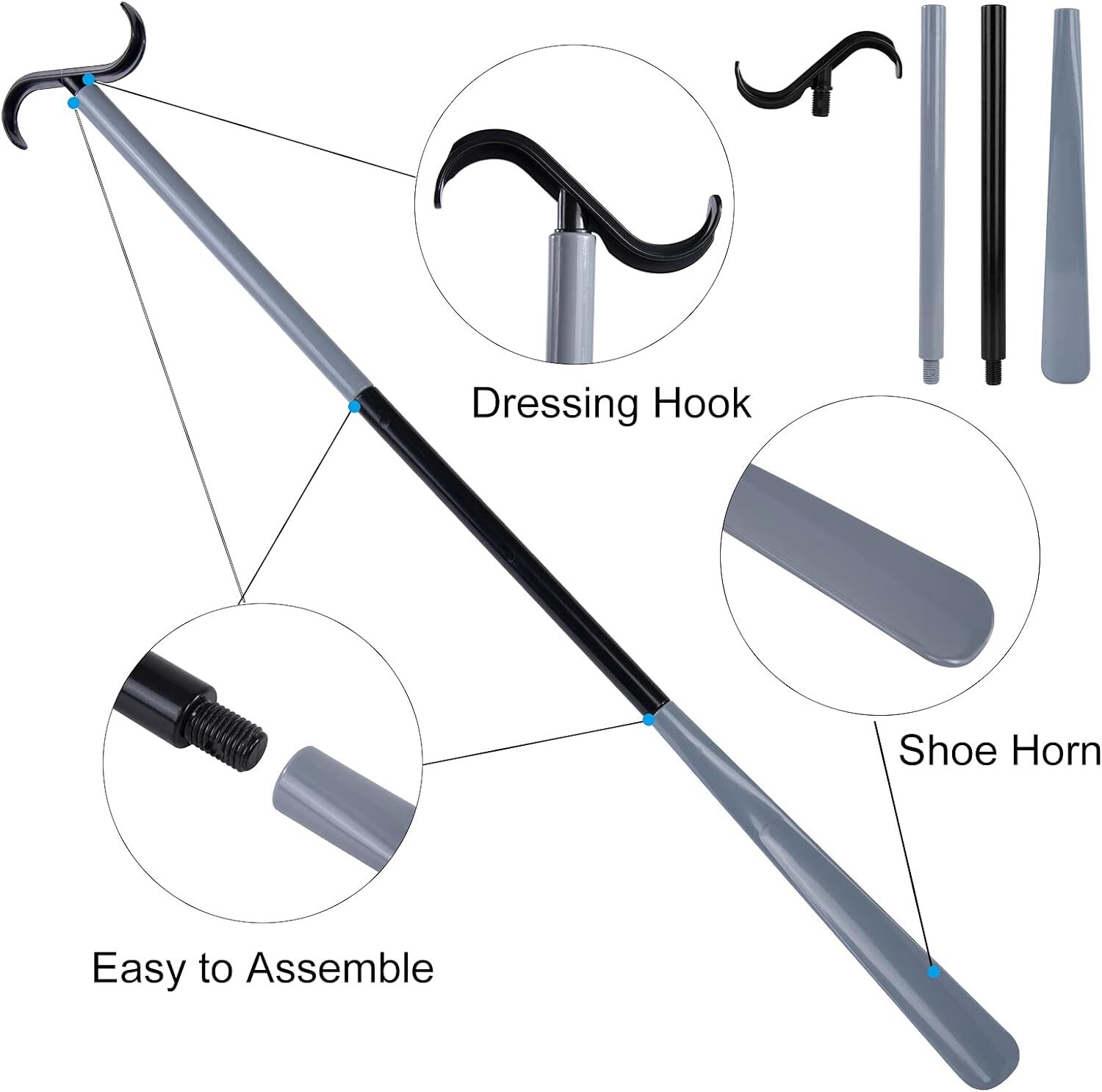 35" Long Dressing Stick With Shoe Horn With Sock Removal Tool, Adjustable Extend