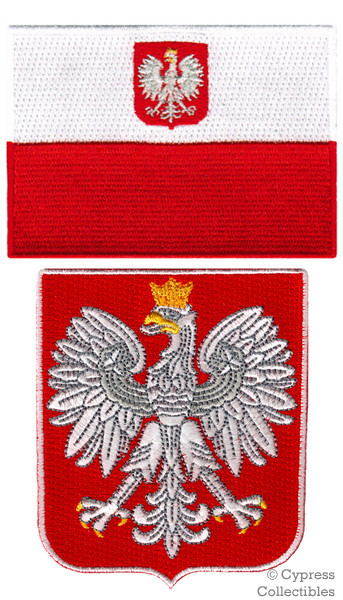 LOT of 2 POLAND FLAG PATCH POLSKA EMBROIDERED IRON-ON POLISH COAT ARMS SHIELD