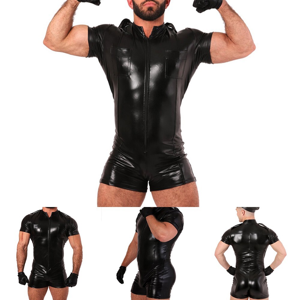 Mens Bodysuit Patent Leather Costume Nightclub Leotard Lingerie Nightwear