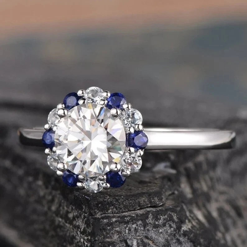 Cluster 14K White Gold Finish 2Ct Round Lab Created Diamond & Sapphire Ring