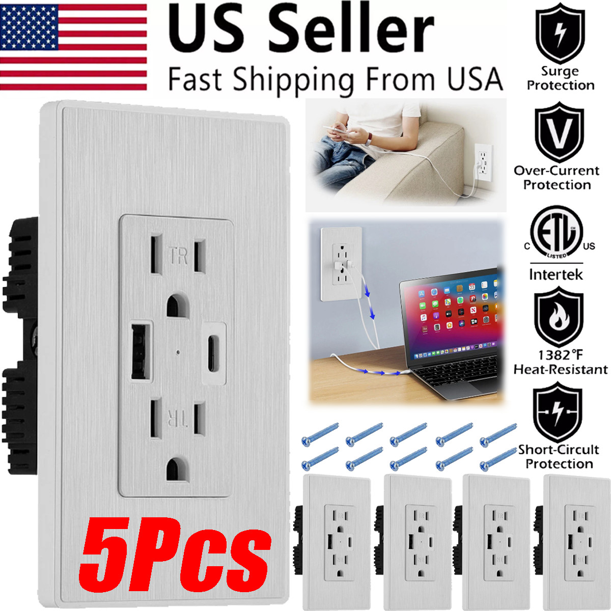 5Pack 15A USB Outlet w/Type C/A Ports 2.1A Dual Charger TR Electrical Receptacle