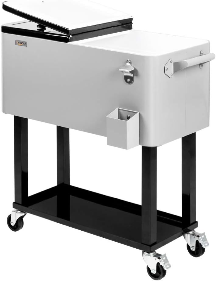 Rolling Ice Chest Cart, Portable Patio Drink Cooler with Shelf & Bottle Opener