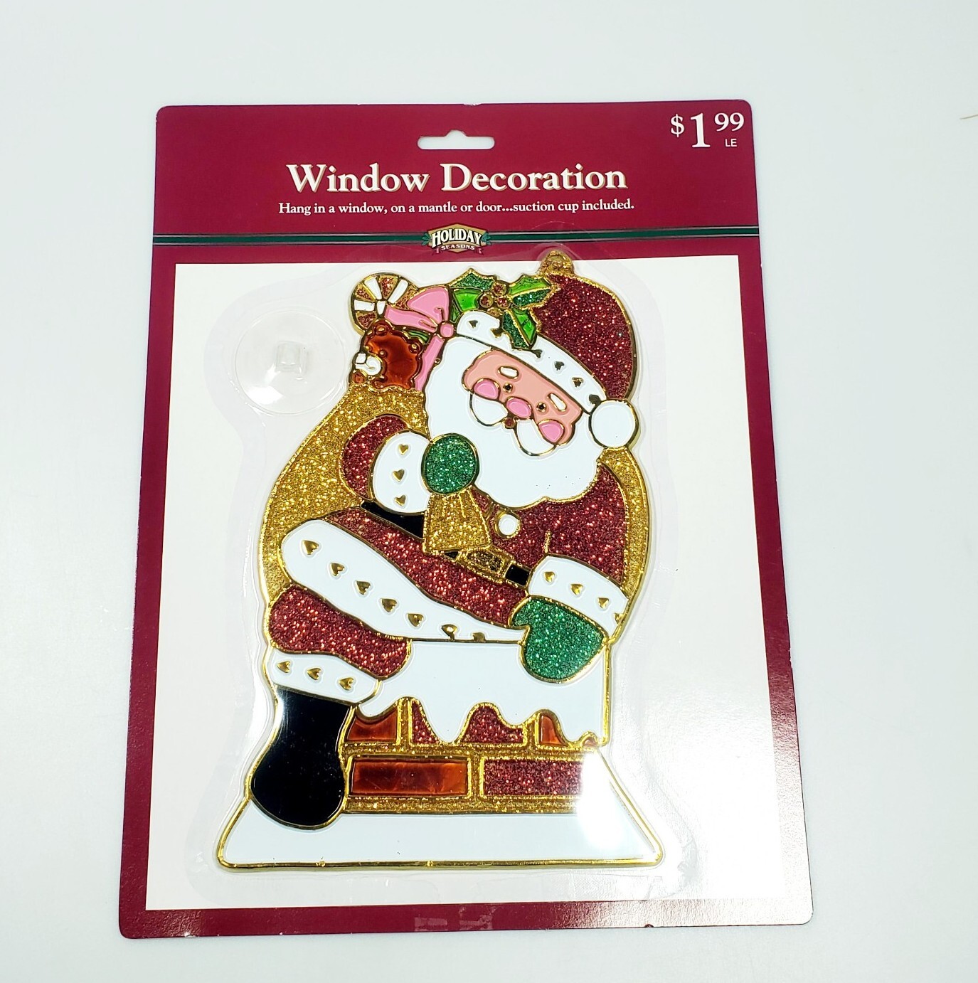 Holiday Seasons Santa Coming Down The Chimney Glitter Suncatcher Vintage Sparkle