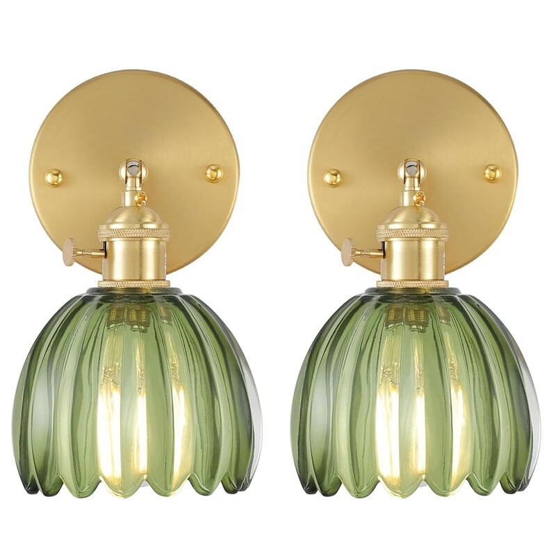 Vintage Wall Sconce with Green Tulip Glass Lampshade Wall Light  Set of 2