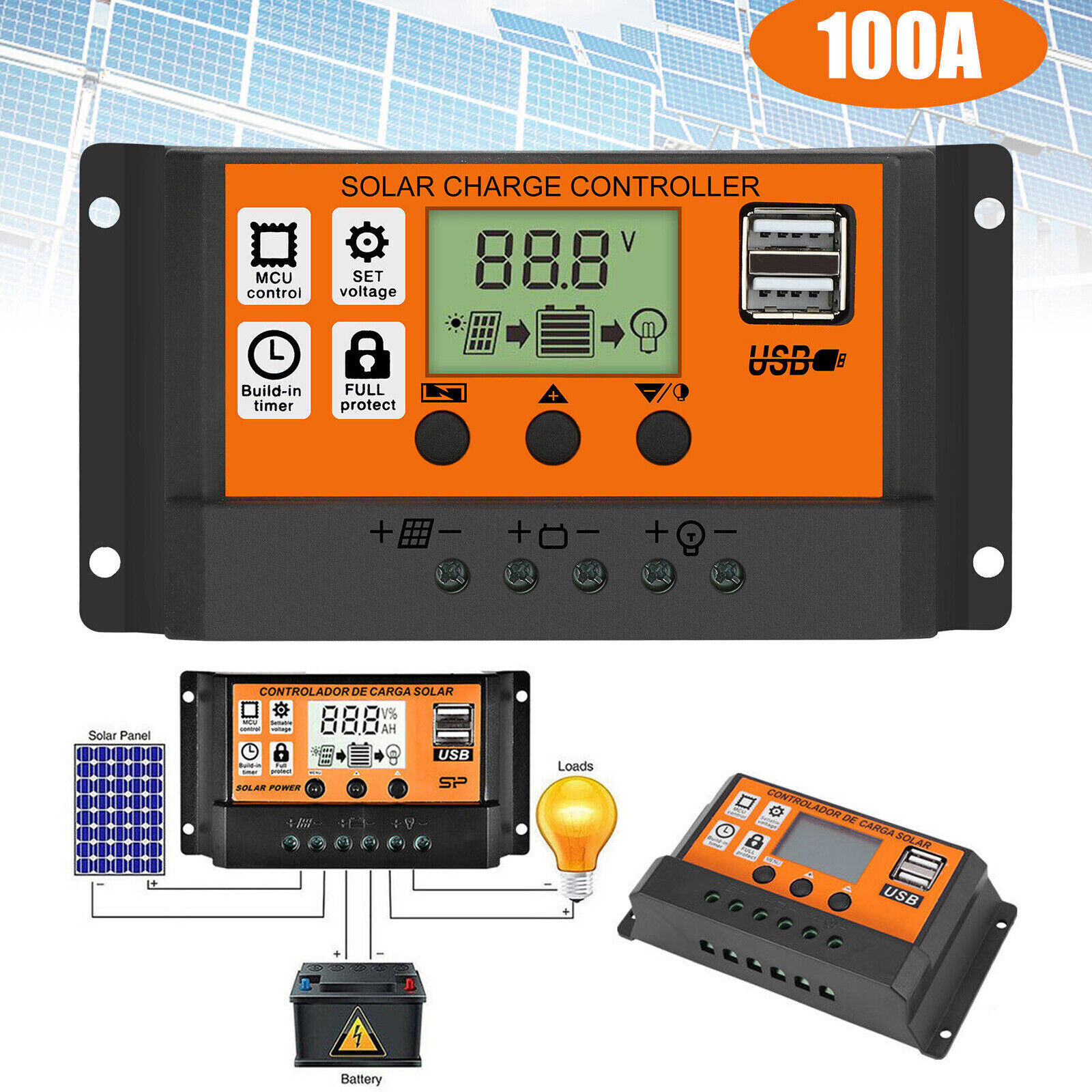 Max.100A PWM PWM Solar PV Regulators 12-24V Solar Charge Controller USB Charger