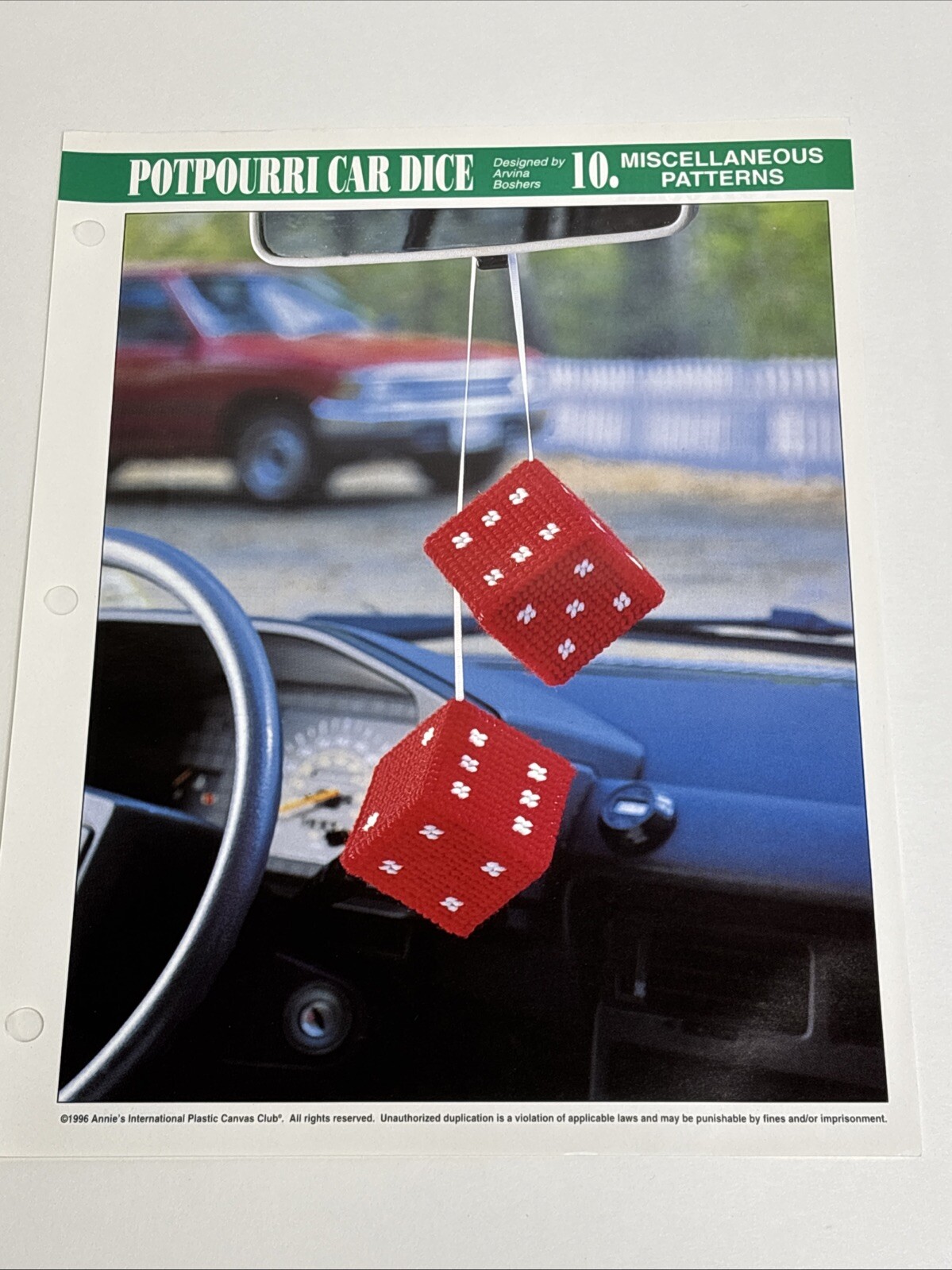 Potpourri Car Dice Annie's Attic Plastic Canvas Pattern Page