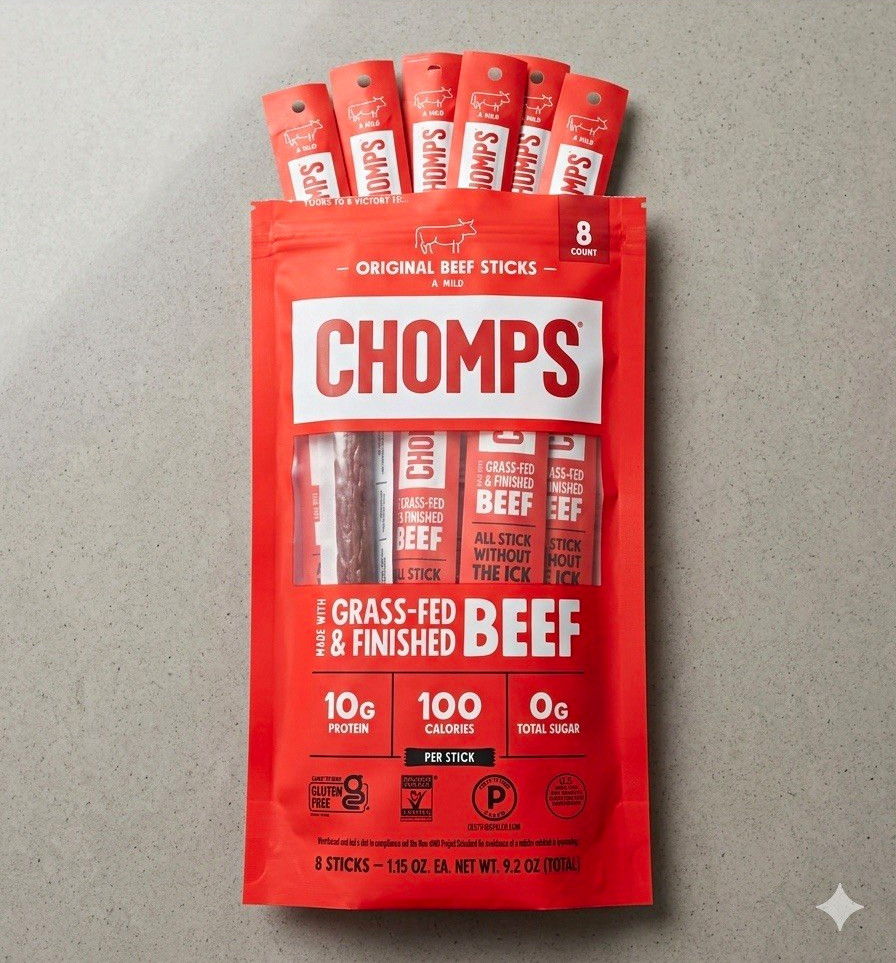 Chomps Original Beef Snack Sticks 8-Pack 9.2 oz Grass-Fed Gluten-Free Paleo