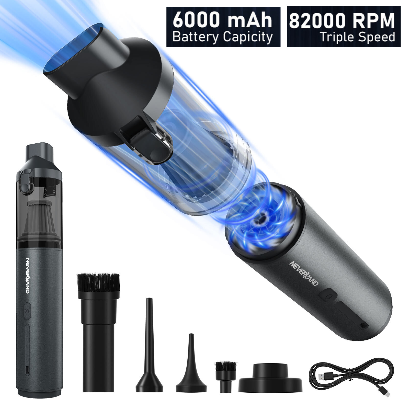 100W Cordless Handheld Vacuum Cleaner Portable Small Car Wireless 2 Speed 2000mA