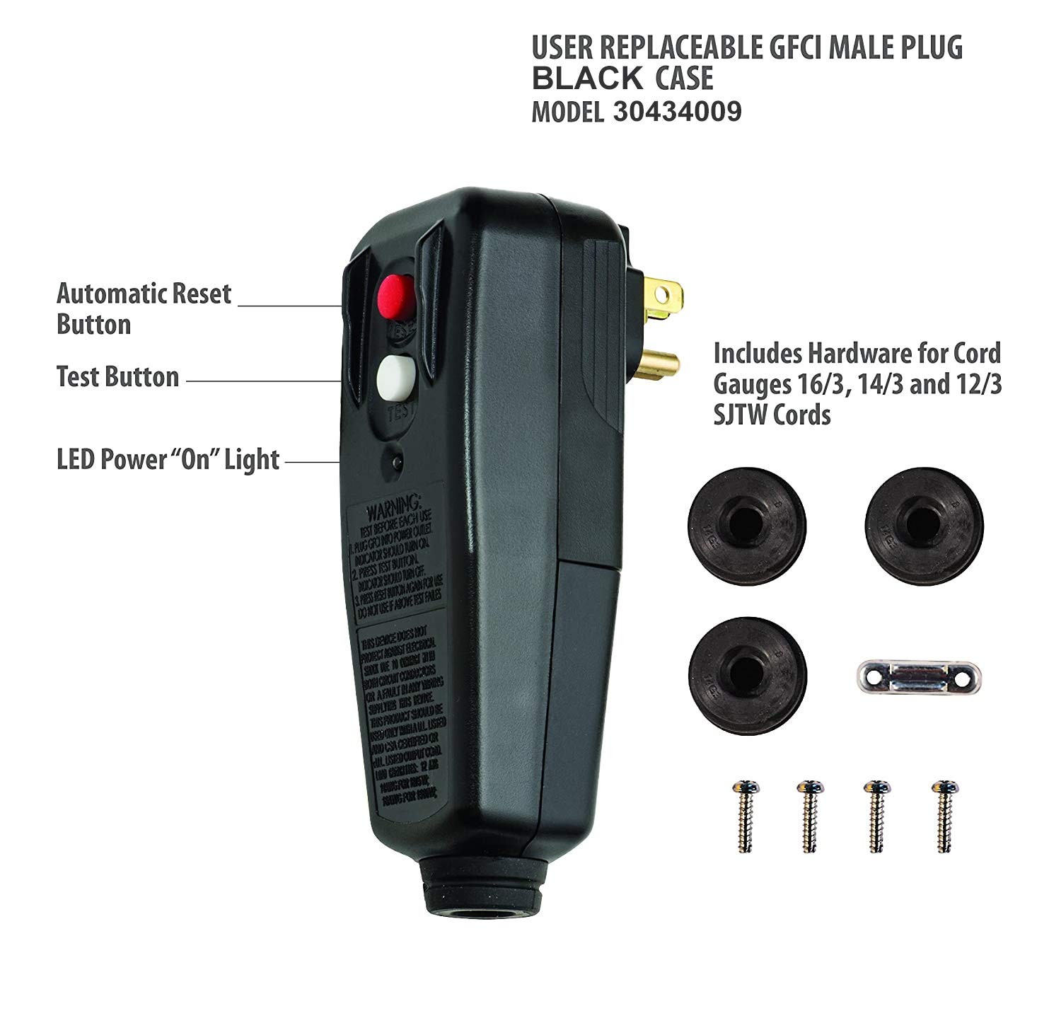 Tower Manufacturing 30434009 Auto-Reset 15 AMP Right Angle GFCI Plug Black