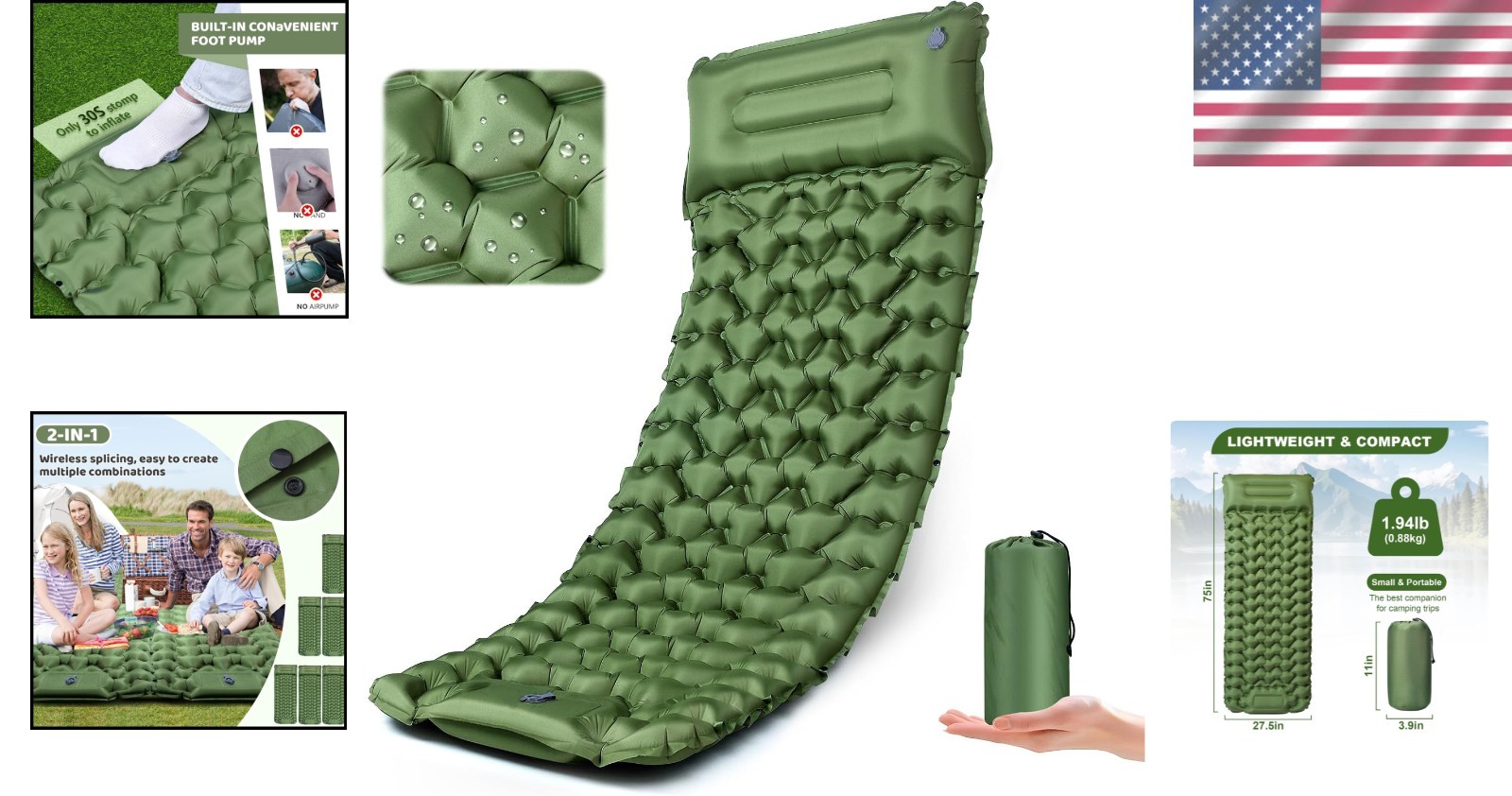 Ultralight Inflatable Sleeping Pad with Built-in Pillow & Foot Pump - 75" x 27"