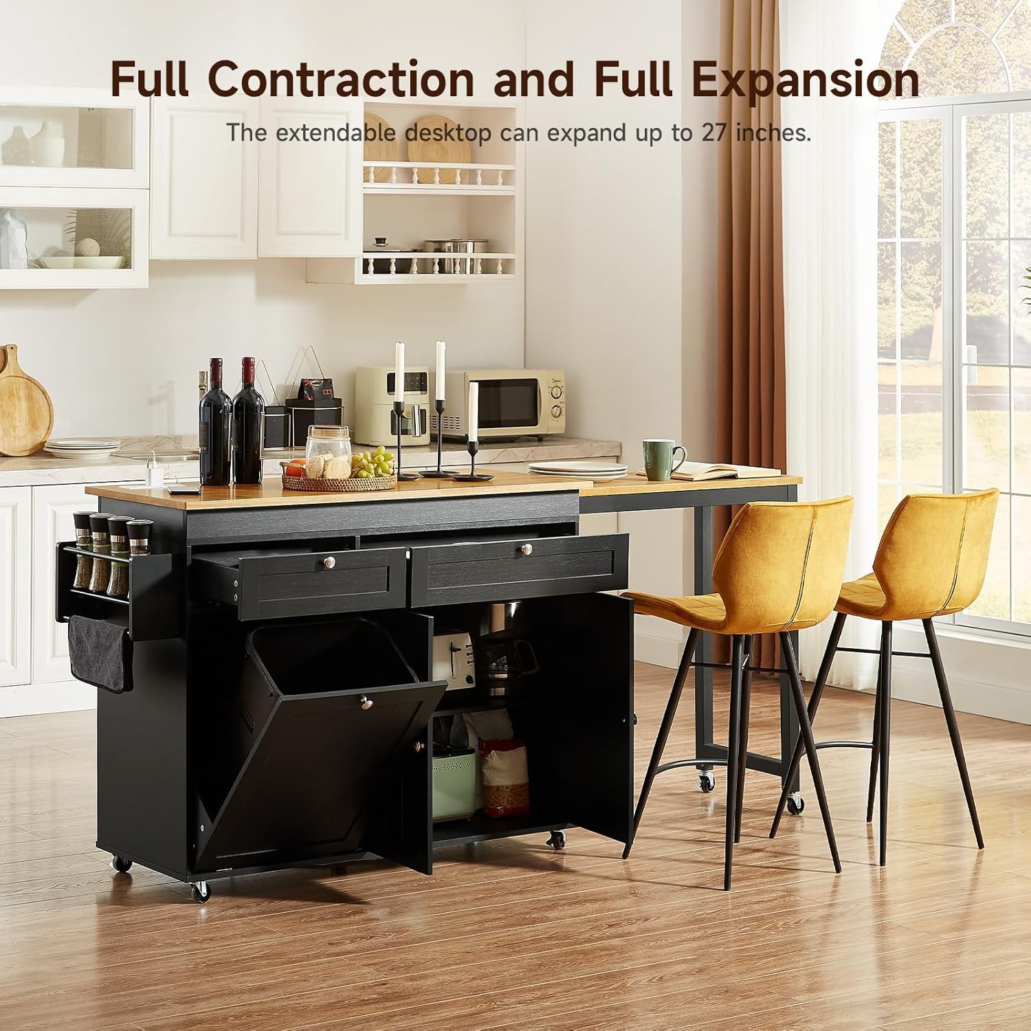 81.7" Kitchen Island with Extendable Dining Table - Mobile Cart, Black