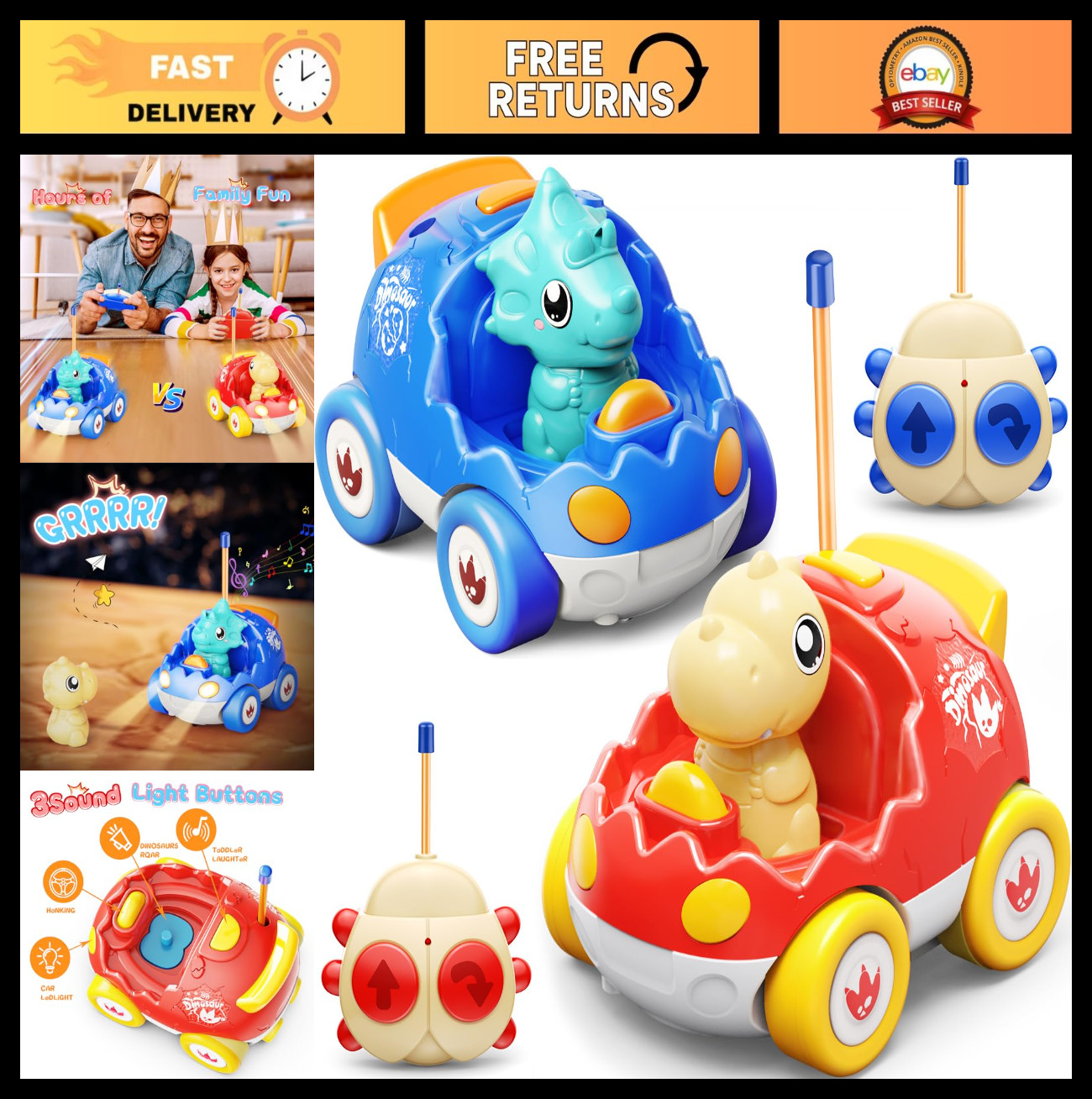 Dinosaur Remote Control Cars for Kids - 2 Pack Dino Race Toys with Music & Light