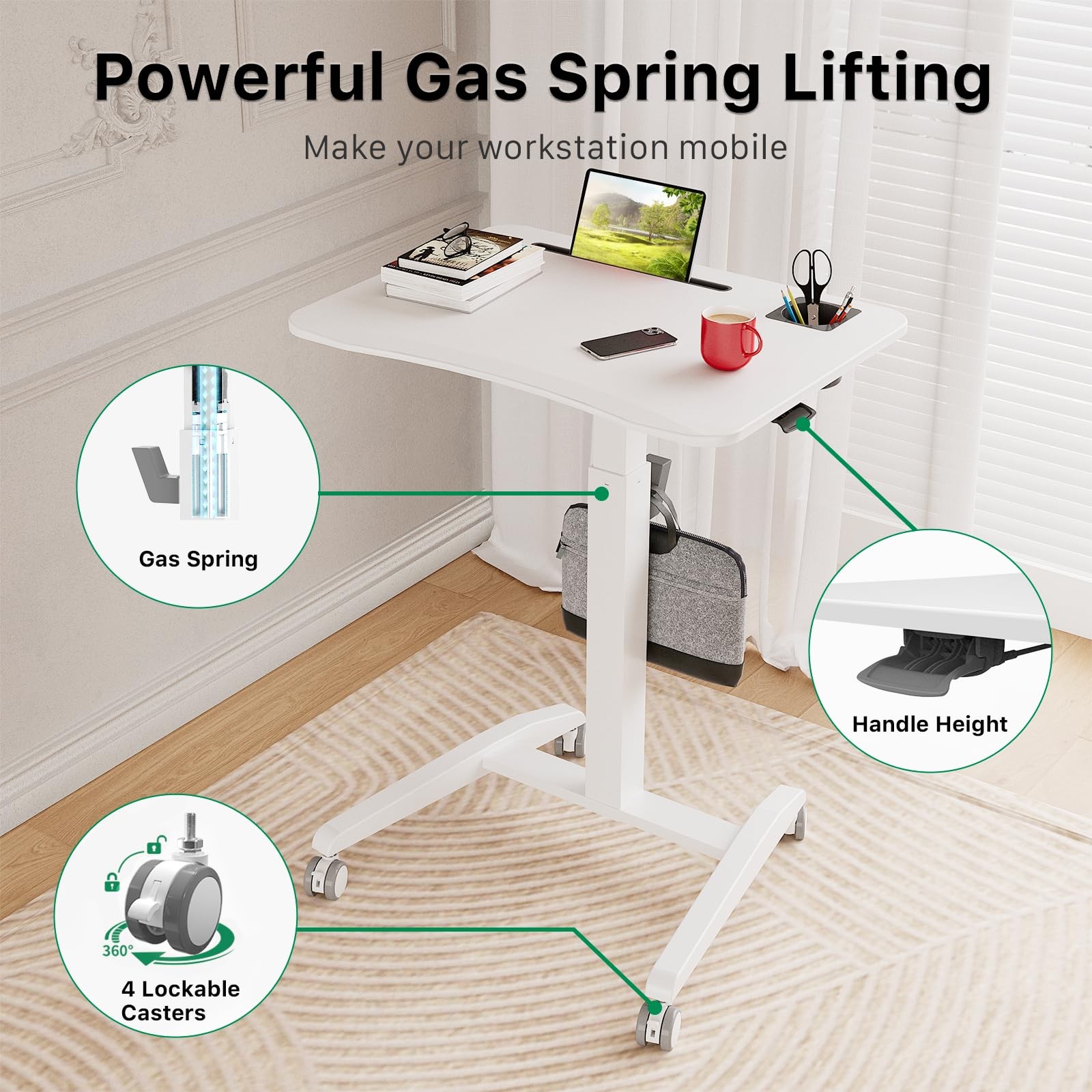 27" Mobile Rolling Standing Desk with Lockable Wheels, White