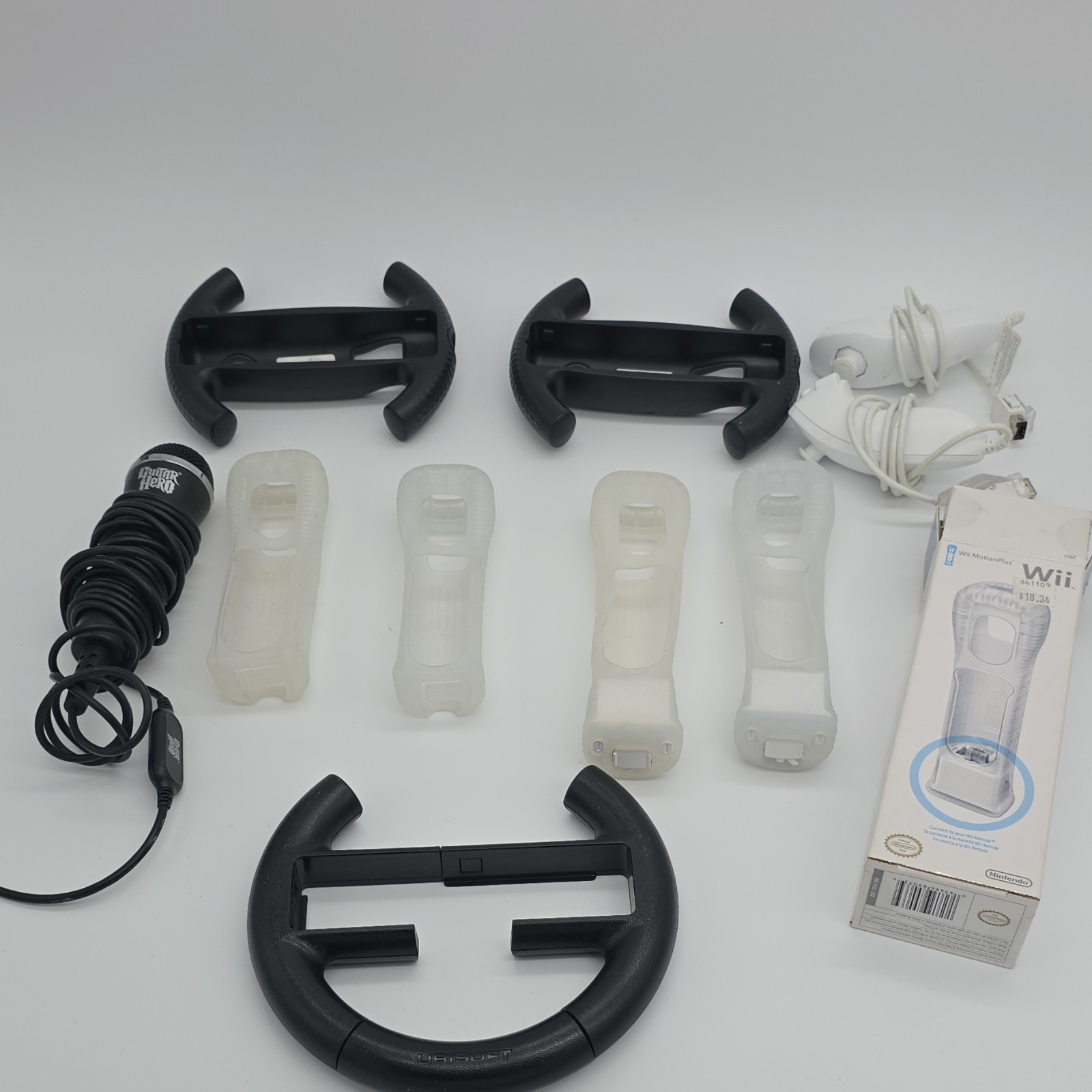 Nintendo Wii MotionPlus & Nunchuk Bundle w/ Ubisoft Wheel & Guitar Hero Mic