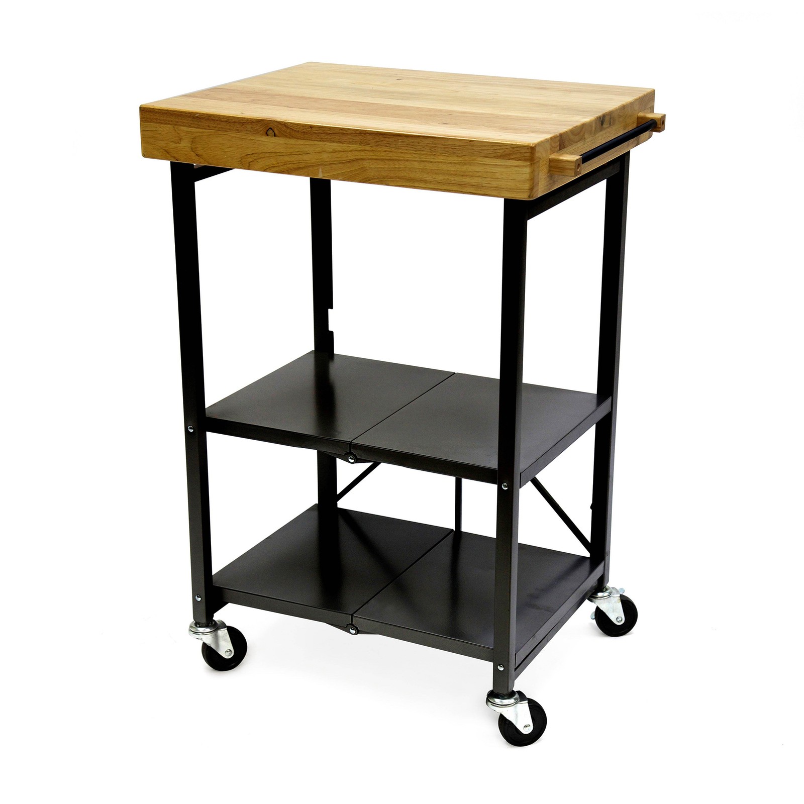 Origami Foldable Wheeled Portable Solid Wood Top Kitchen Island Bar Cart, Black
