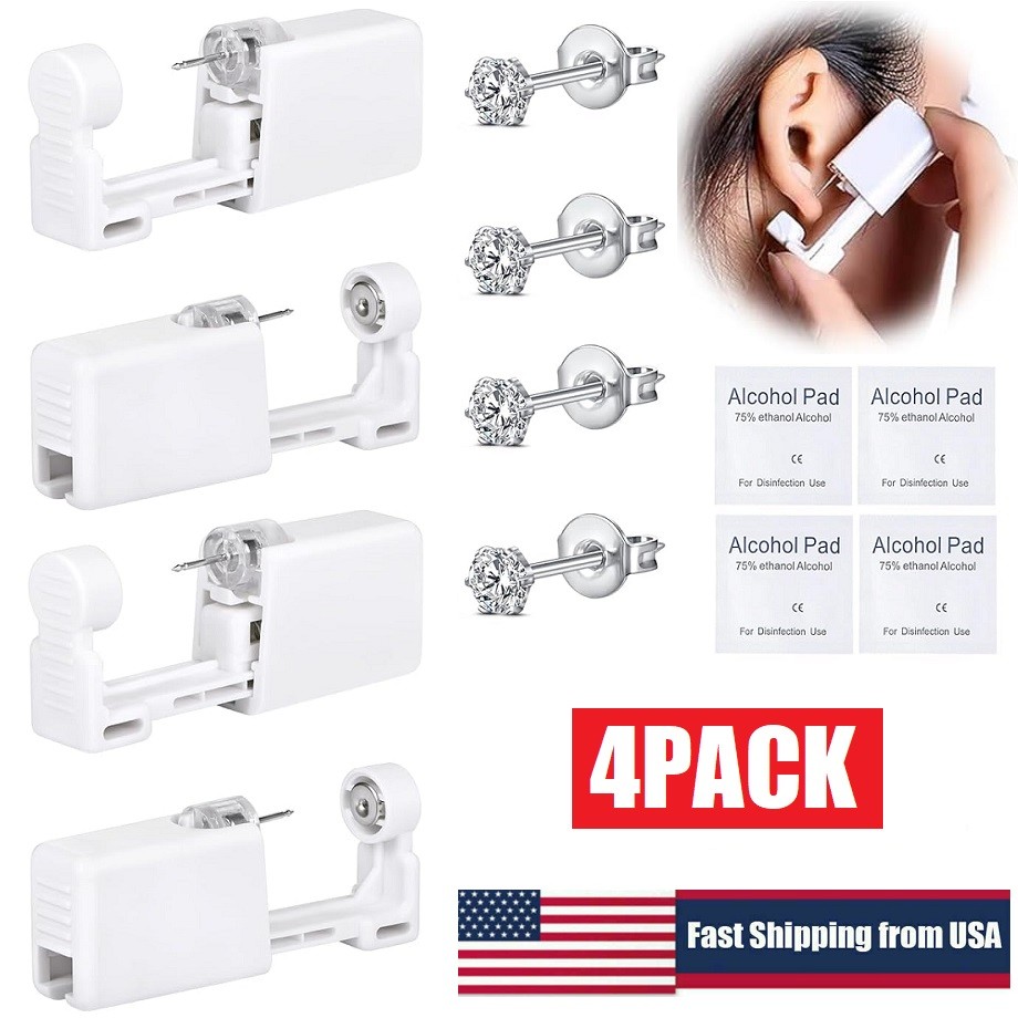 4Pcs Ear Piercing Disposable Kit Silver Stud Earring Gun DIY Home Self Ear Sets