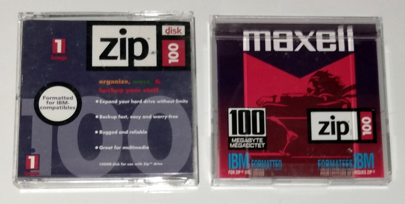 2 USED ZIP DISK 100'S (ONE MAXELL, ONE IOMEGA) 100MB,  IBM FORMATTED, VGUC