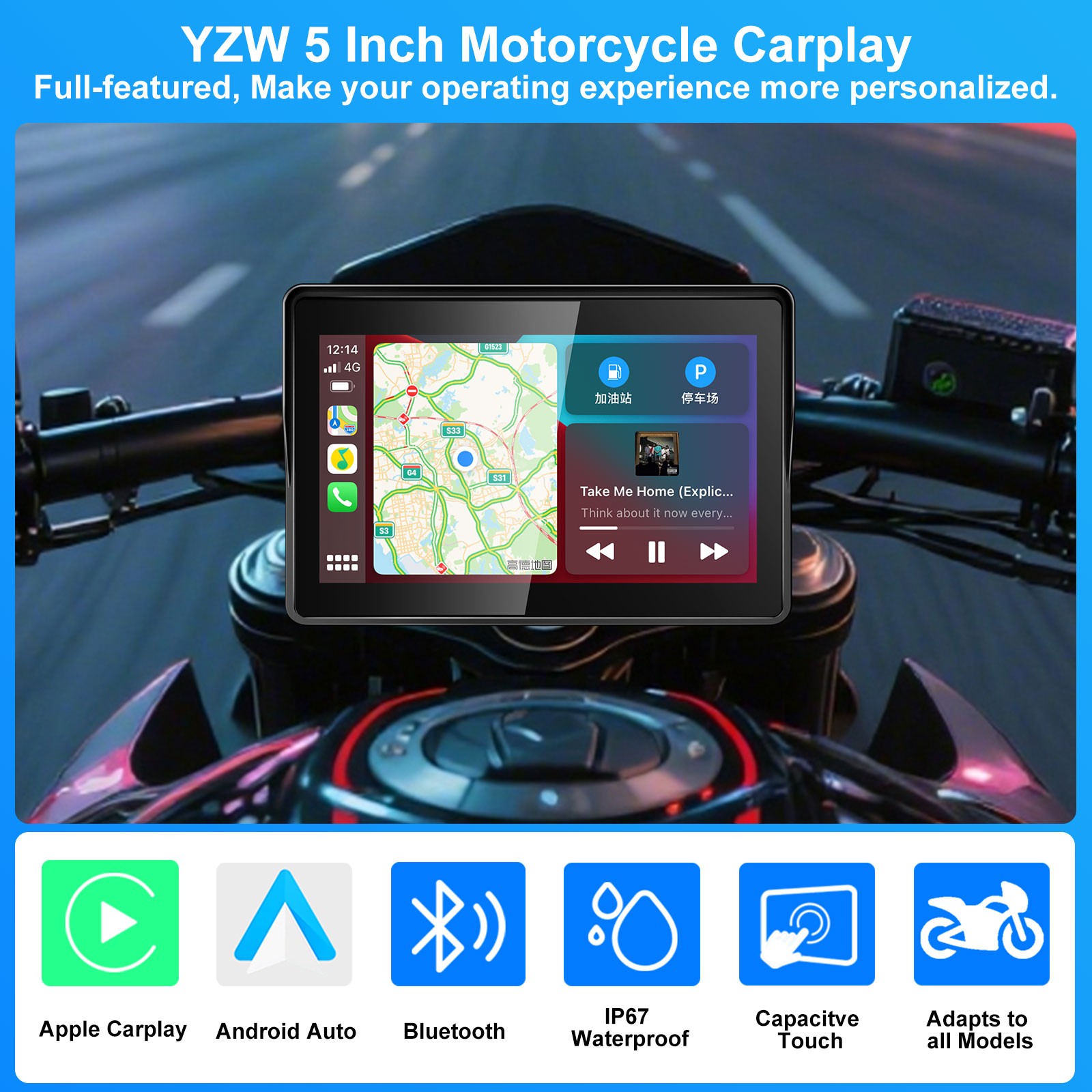 5 inch Motorcycle Touchscreen Wireless Carplay & Android Auto GPS Navigation