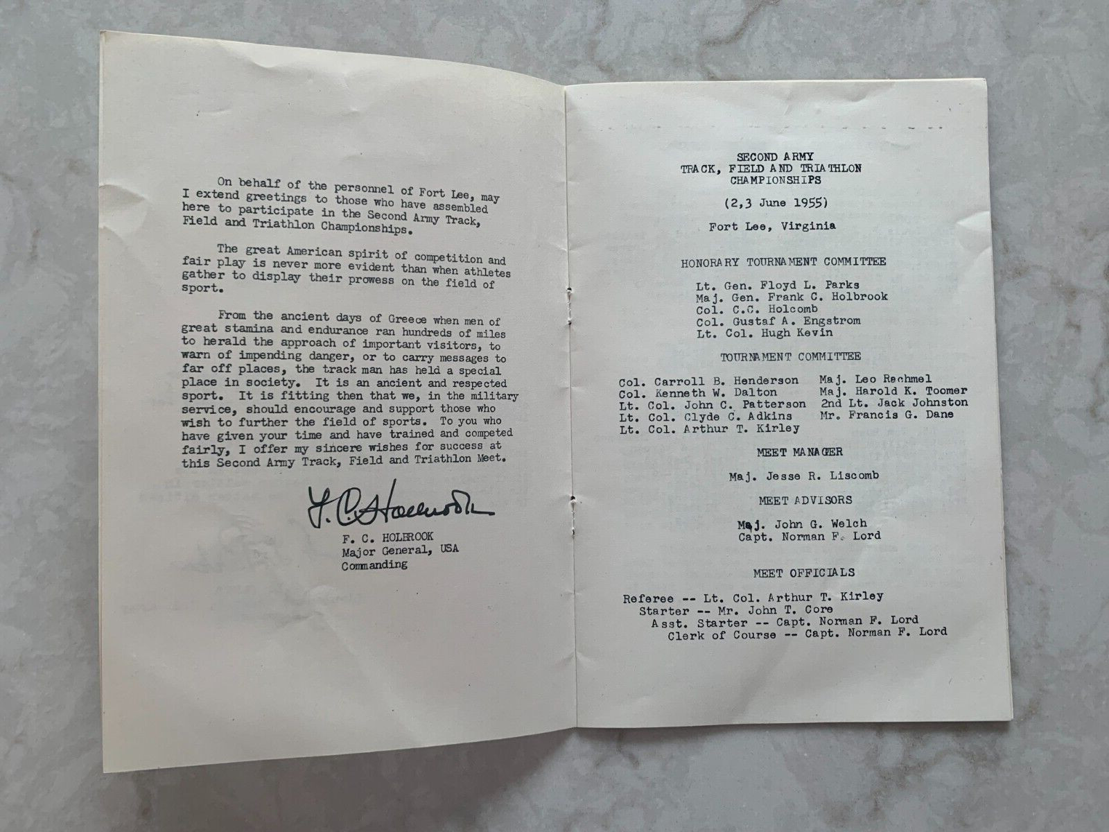 Second Army 'Track-Field-Triathlon' Championship program, Ft. Lee, VA, June 1955