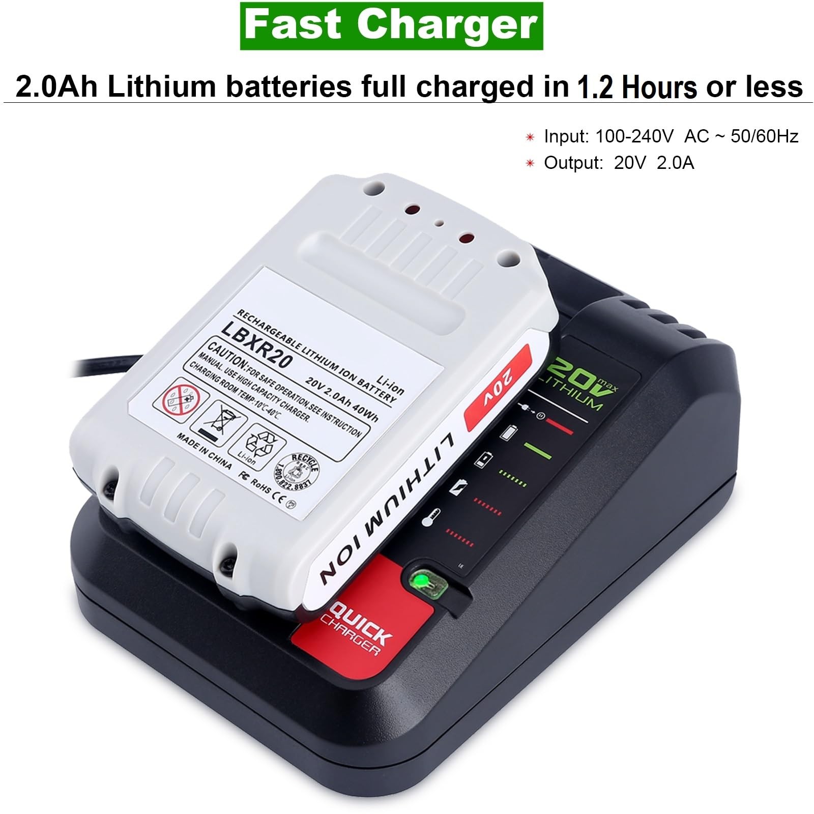 Fast Battery Charger for Power Tool Lithium Battery Power Core Base 20V 2A De...