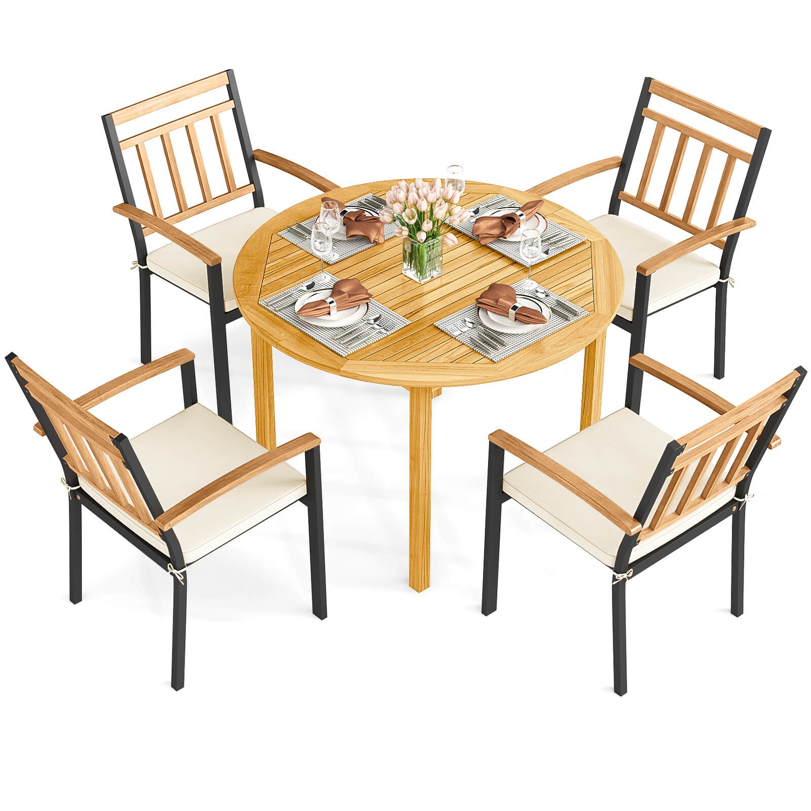 5 Pieces Outdoor Acacia Wood Dining Set w/Cushions for Porch, Balcony, Garden