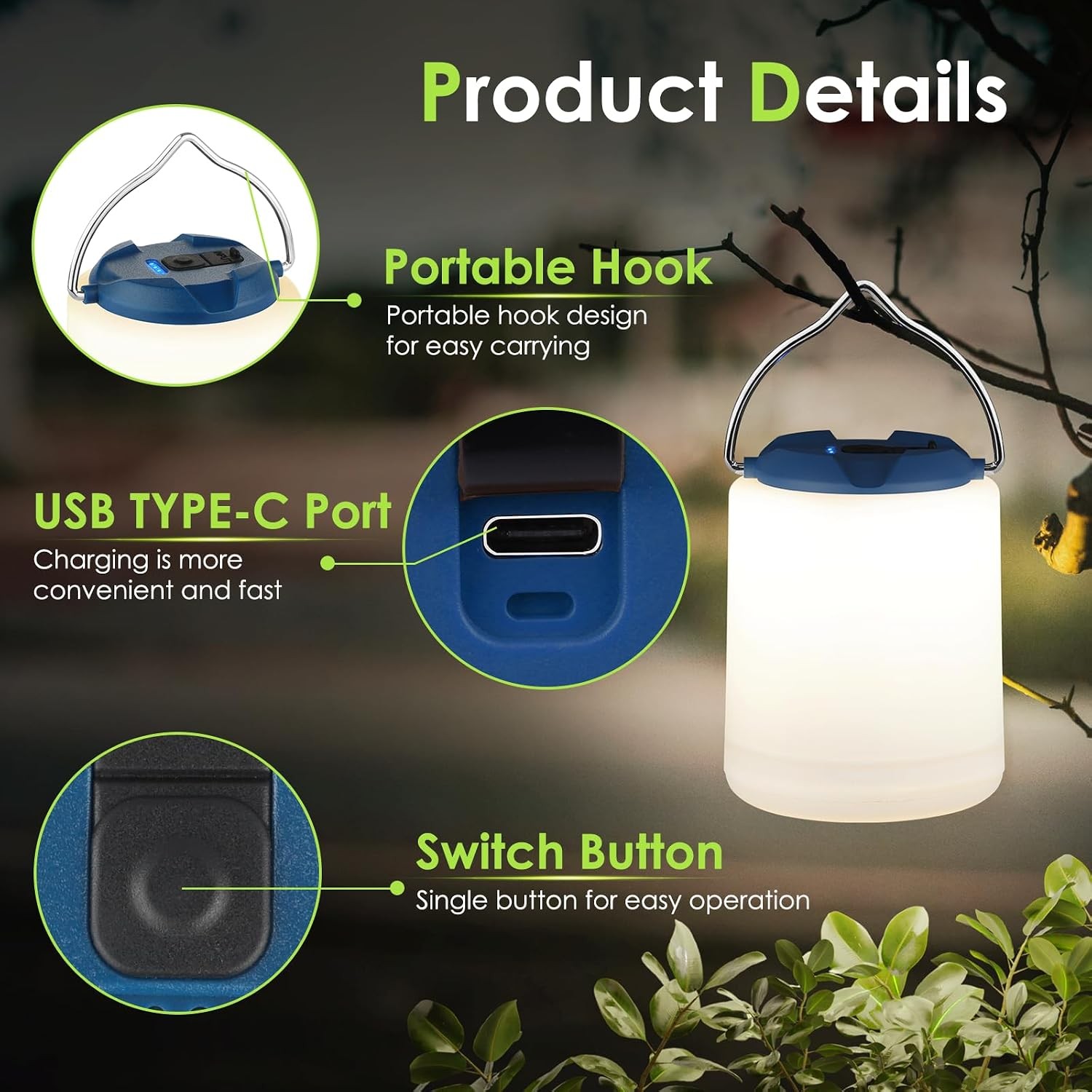 LED Camping Lantern, Rechargeable Camping Light, 4 Modes Outdoor Flashlights