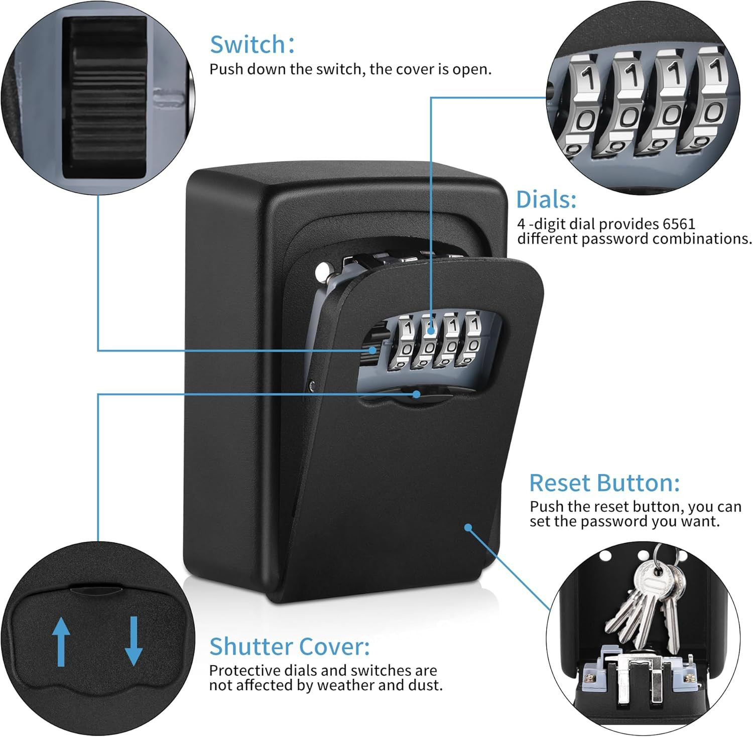 Key Lock Box Wall Mounted,4 Digit Combination Weatherproof Lockbox for outside H