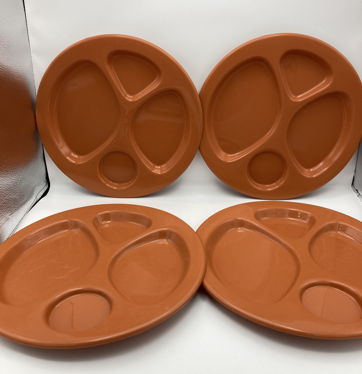 Set Of 4 Vintage Unbranded Orange  12” Divided Plates For Camping/ RV/ Parties