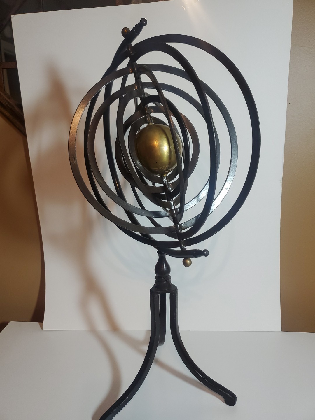 Armillary Sphere Metal and Brass Orbit Globe Sculpture 3 Leg Base 25" Tall