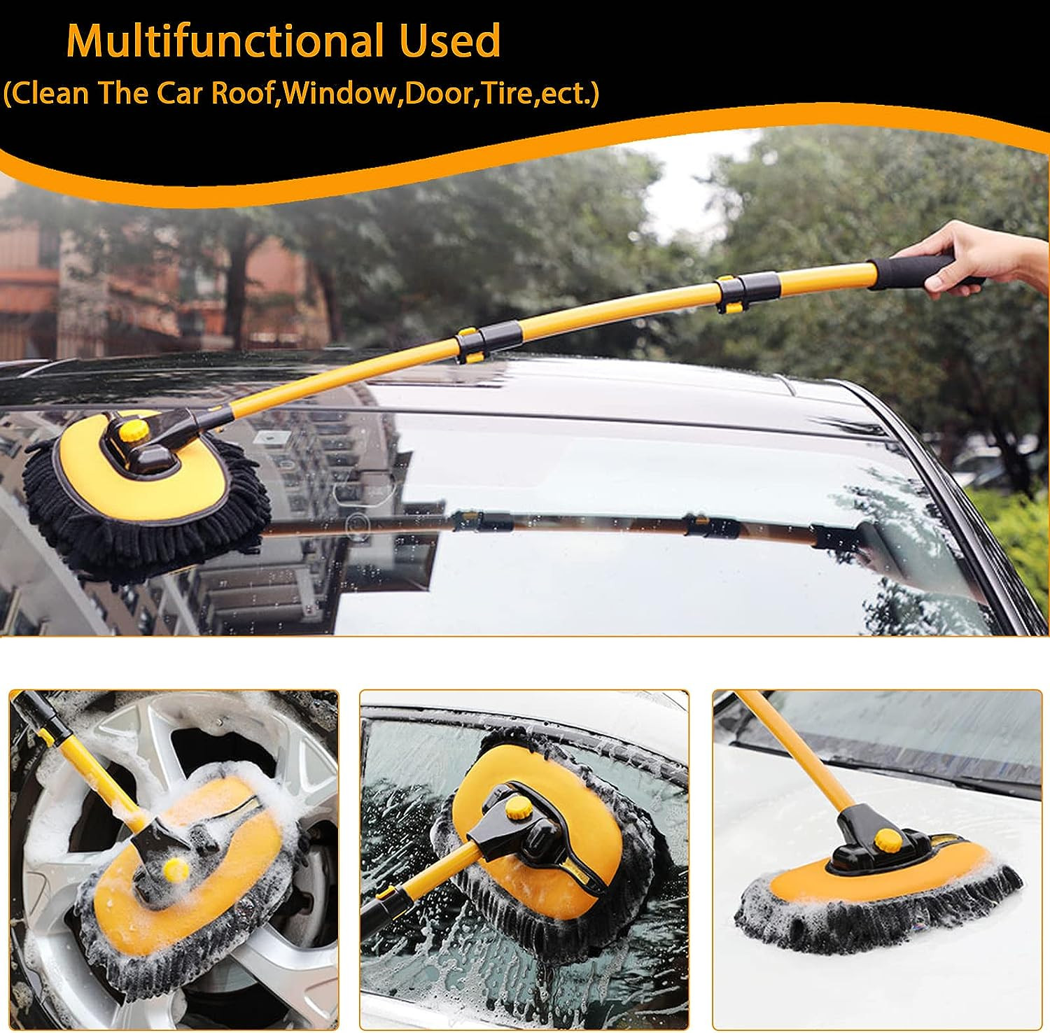 15° Curved Car Cleaning Brush with Telescopic Handle 43" Aluminum Alloy Long Rod
