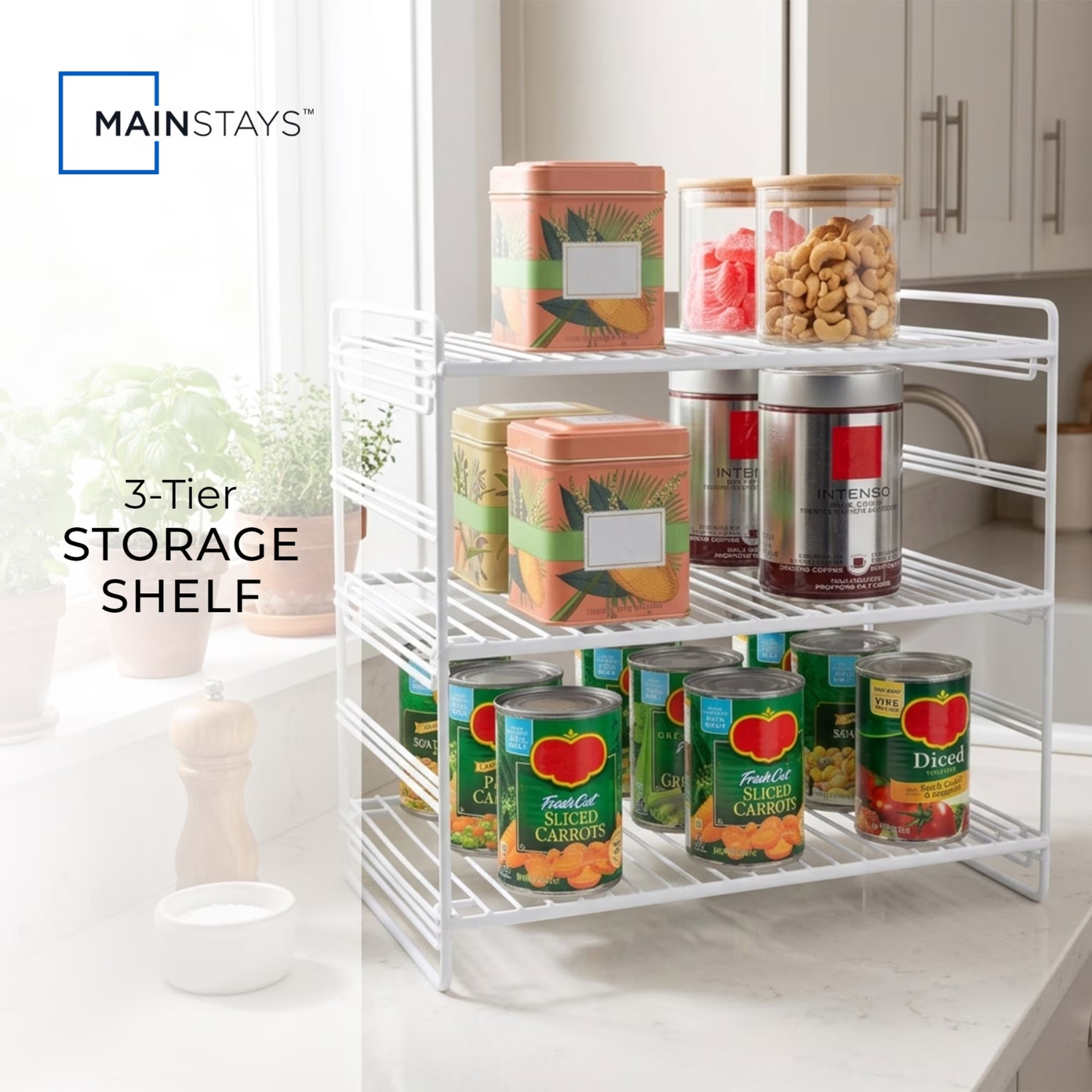 Mainstays Kitchen Organizer 3 Tier Adjustable Steel Shelf White Storage