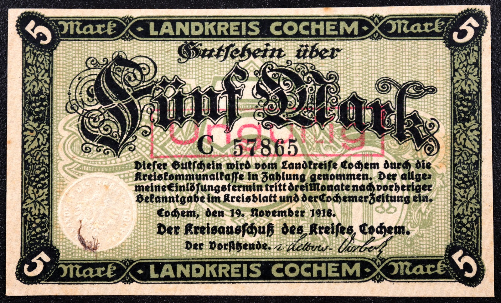 COCHEM 1918 5 Mark Grossnotgeld German Notgeld Banknote Castle